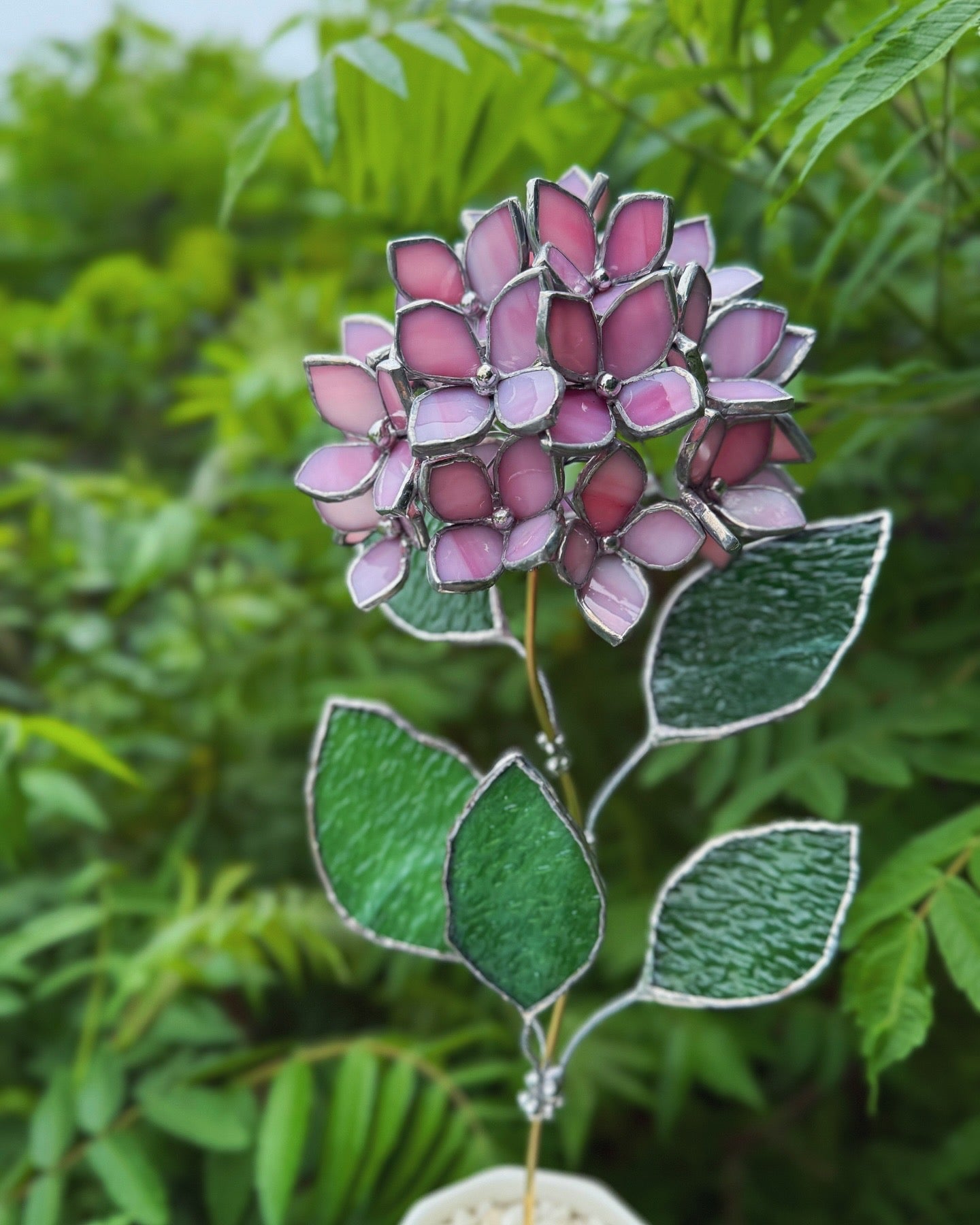 " .  CHOOSE COLOR Hydrangea with pot”, Stained glass tropical flower 3D, Sun catcher, Table plant, Garden stick, Outdoor and gardening decor