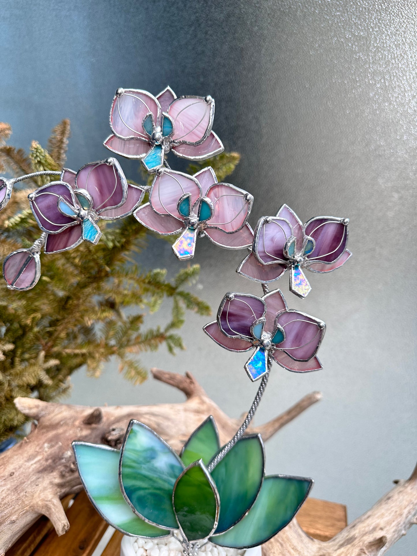 " . Dusty Rose translucent Orchid 5 flowers with pot" Stained glass tropical flower 3D, Sun catcher, Table plant, Garden stick, wedding decor, Christmas gift