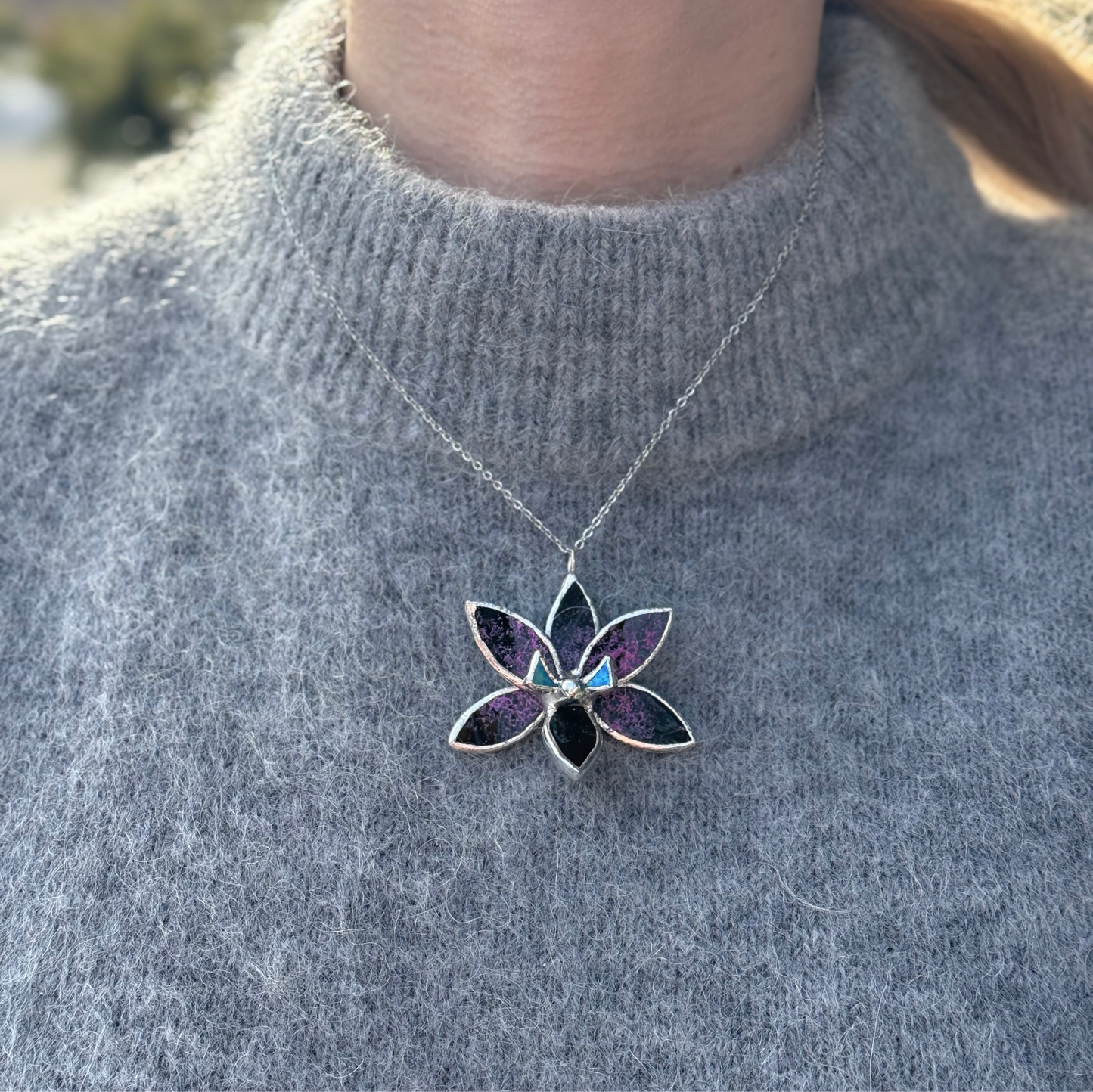 " . Preorder Necklace Tropical Orchid Black tiger” Stained glass tropical flower 3D, art jewelry