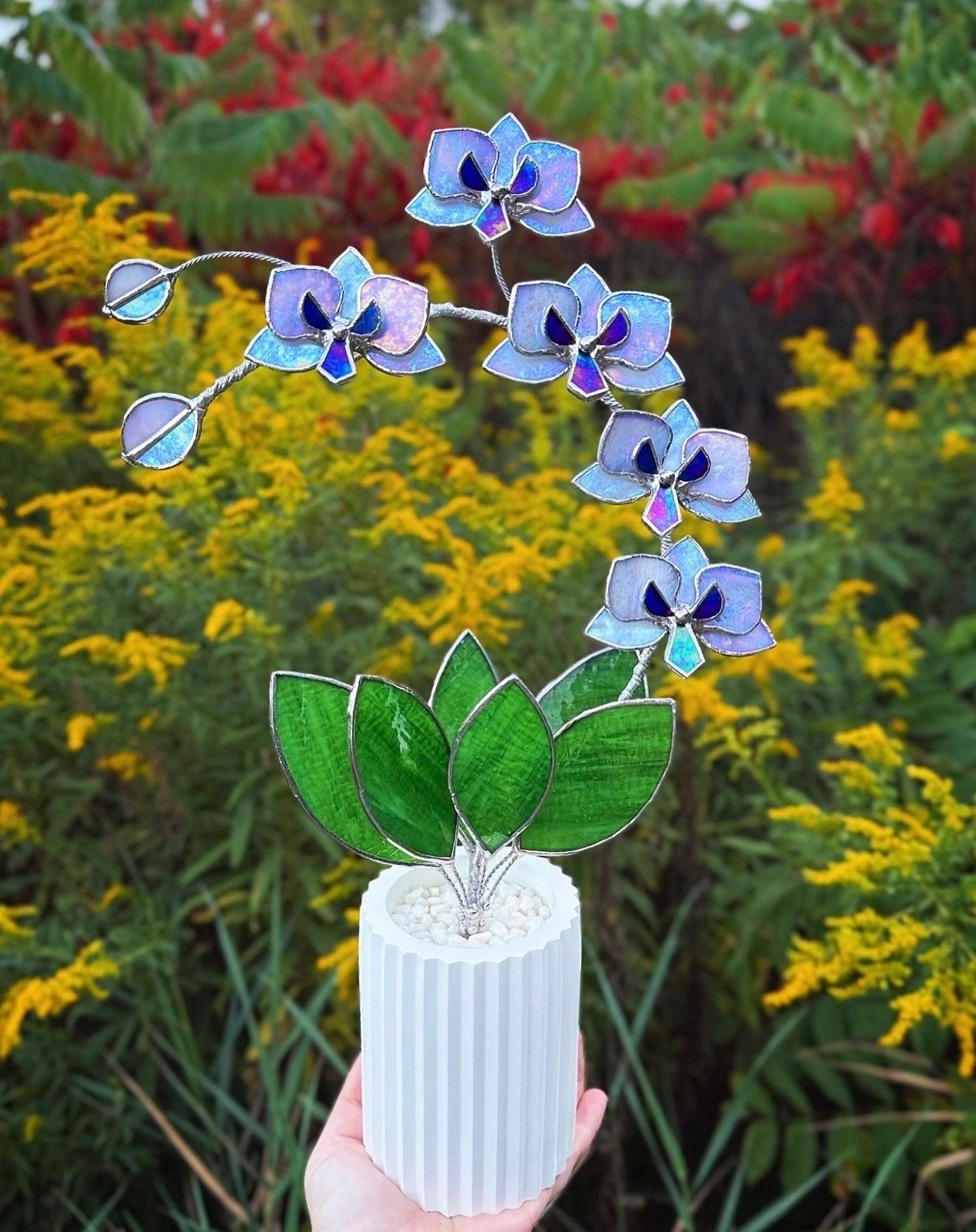 " .  Lavender iridescent Orchid 5 flowers with pot" Stained glass tropical flower 3D, Sun catcher, Table plant