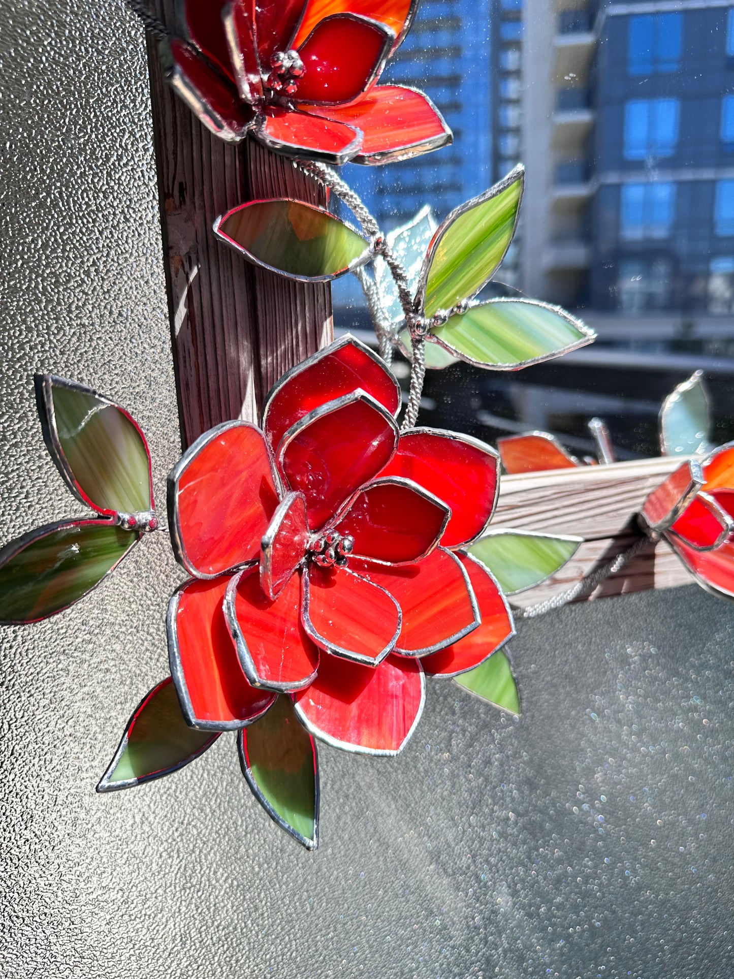 " . Flower Mirror Ruby Red Magnolia, Stained glass Wedding Wall Decor, Christmas gift, Suncatcher