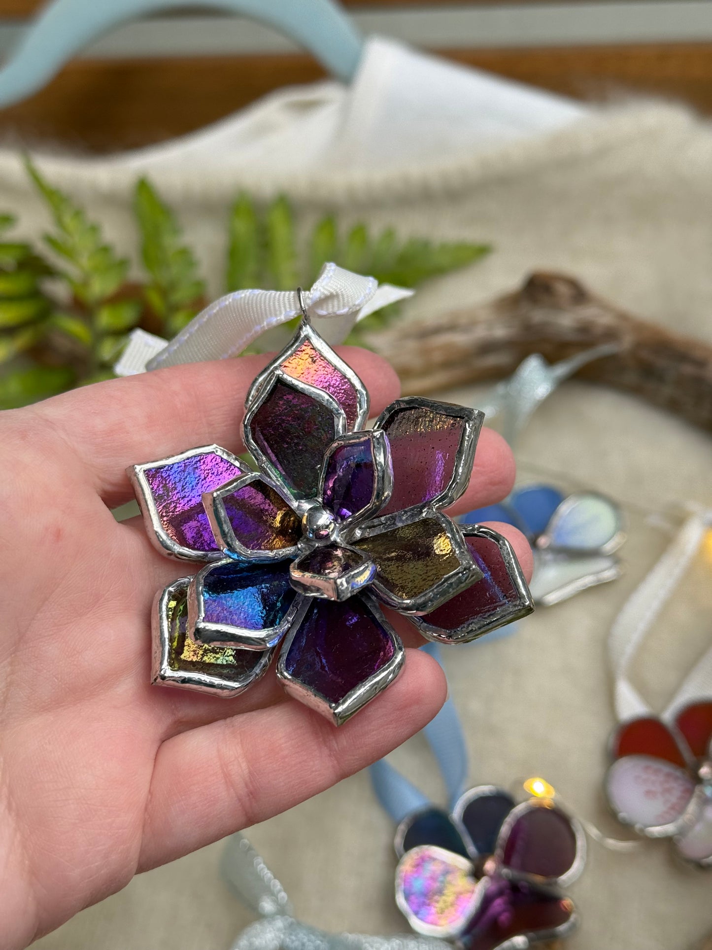 Stained glass ornament Flower Plum iridescent, Wall window decor, holiday decoration