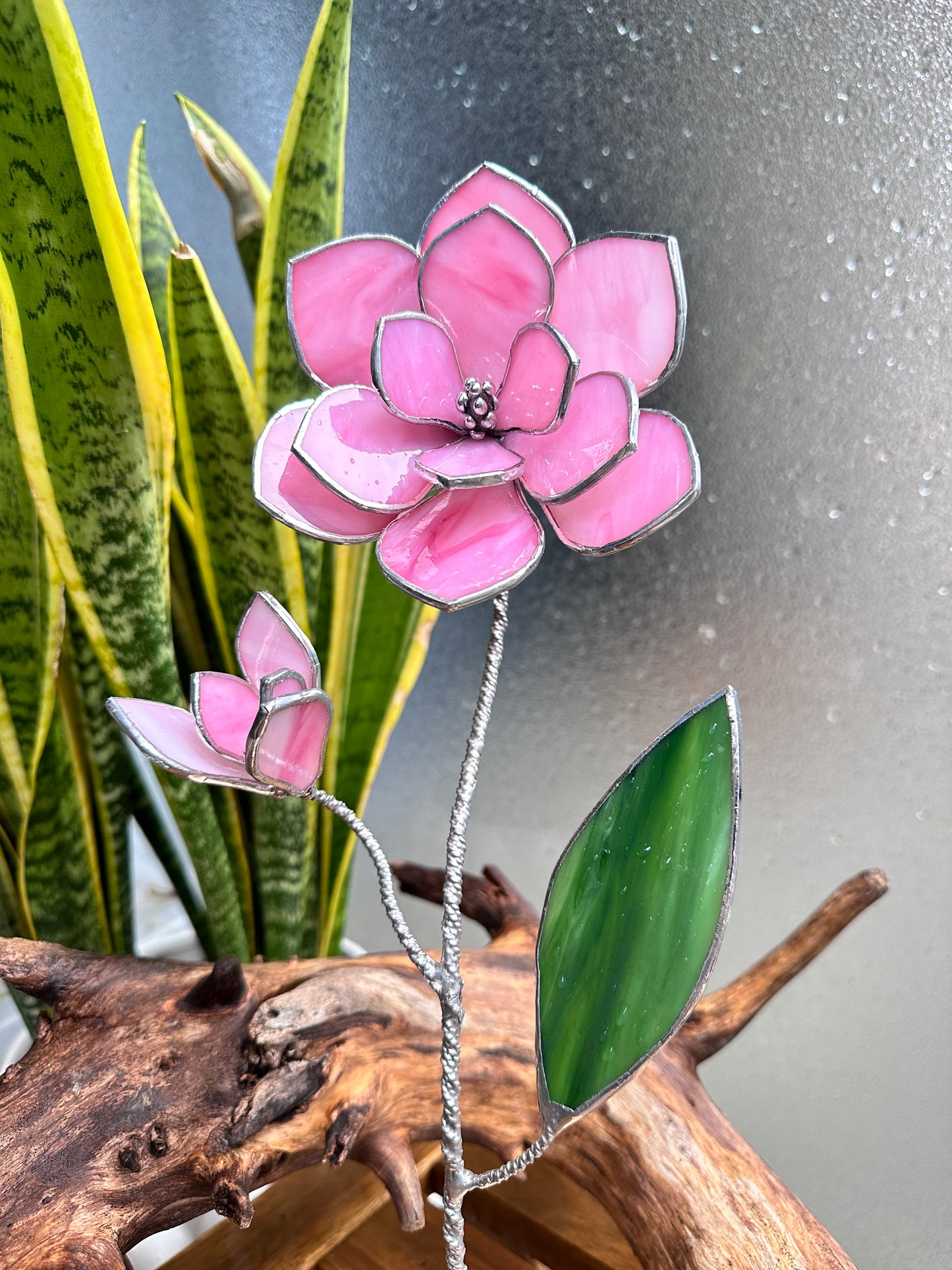 " . Pink Magnolia with a bud" Stained glass tropical flower Suncatcher Iridescent 3D, Table plant cactus decor, Home Garden stake, Mother’s Day gift, Outdoor and gardening, pot