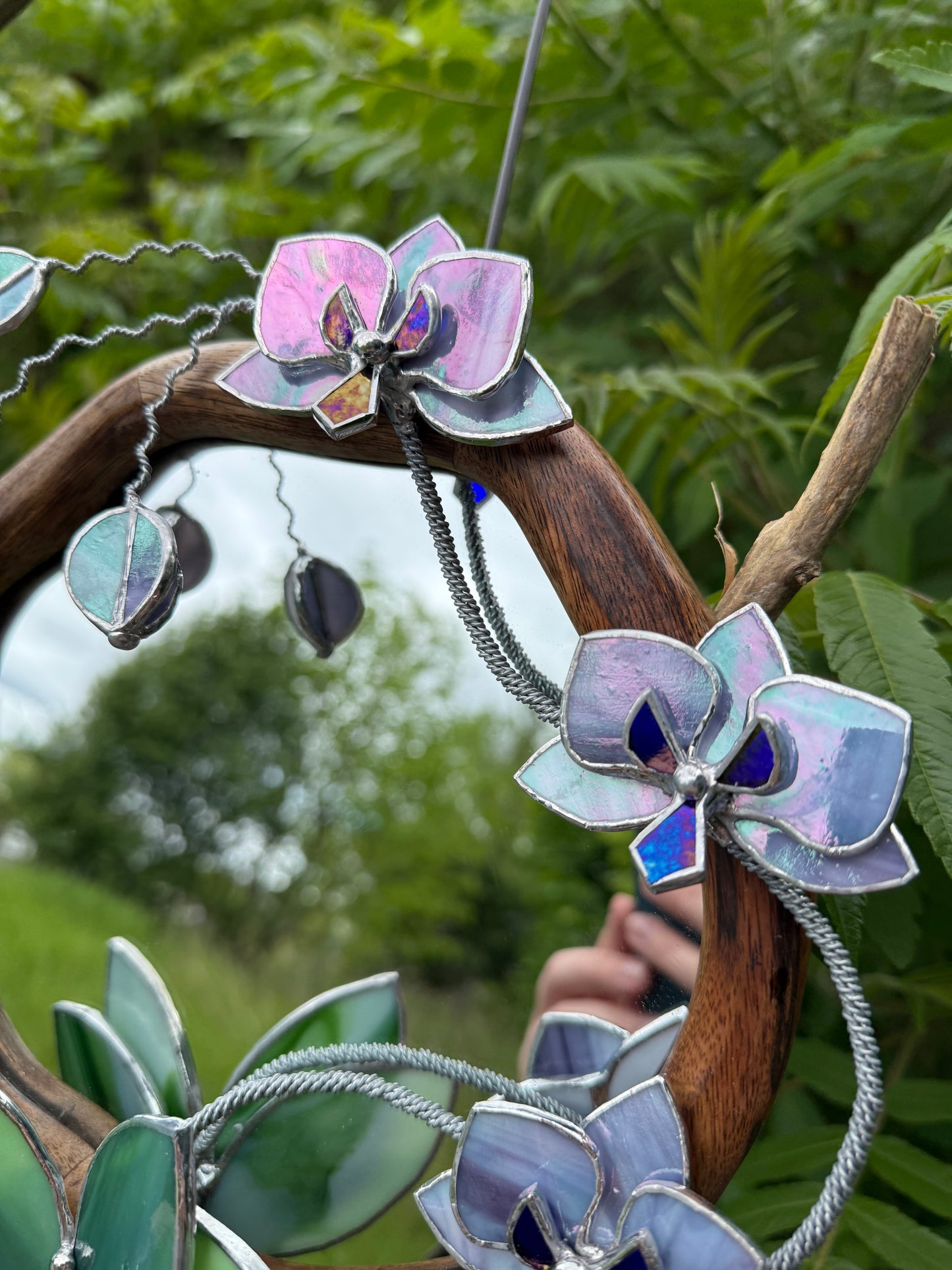 " . Amethyst & Lilac luminescent Orchid Mirror”, Stained glass flower Wall decor, Suncatcher, Home wedding Decor, Christmas gift available new