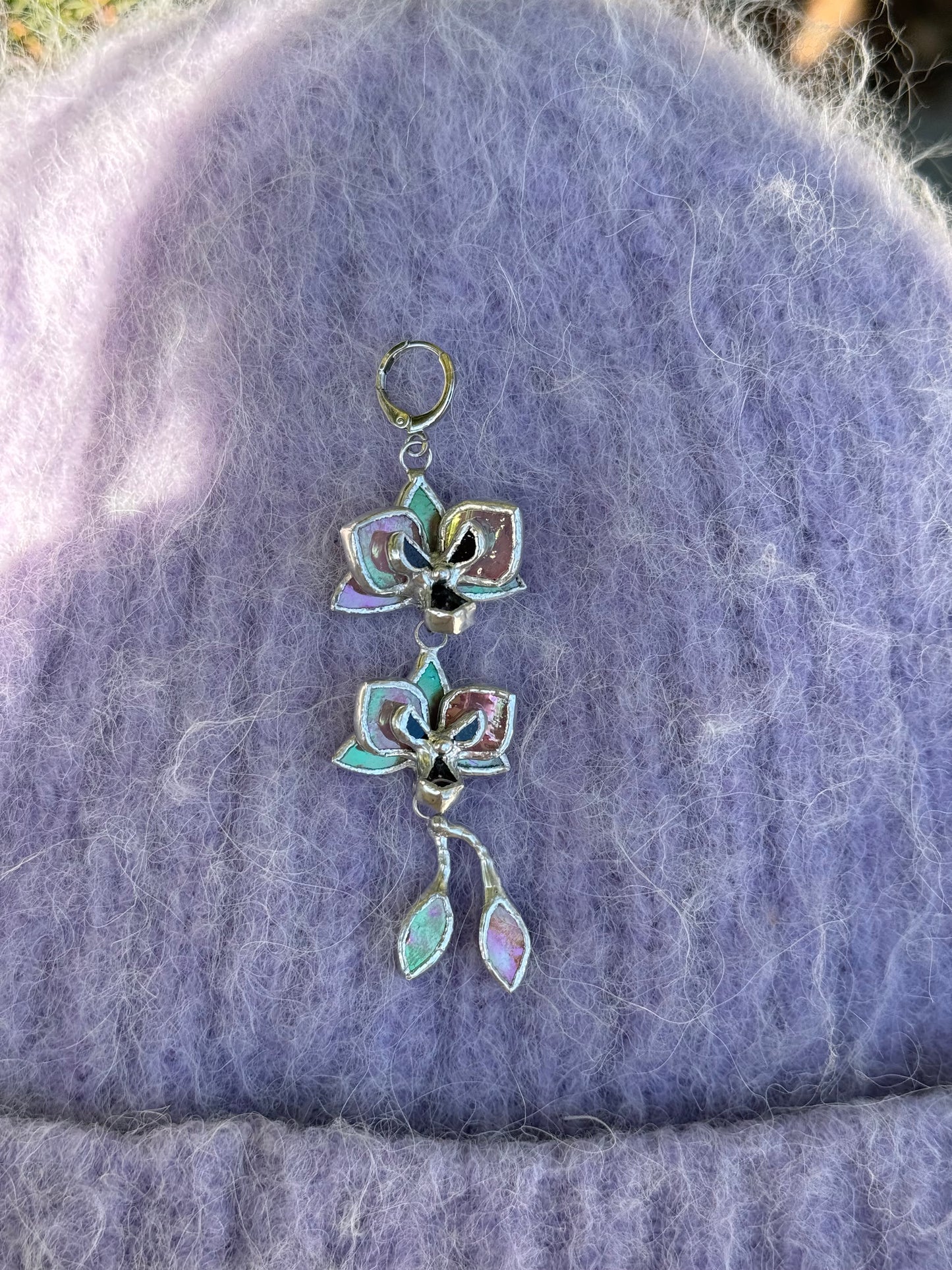 " . Earrings Orchid 2 flowers with buds Pink iridescent” Stained glass tropical flower 3D, art jewelry