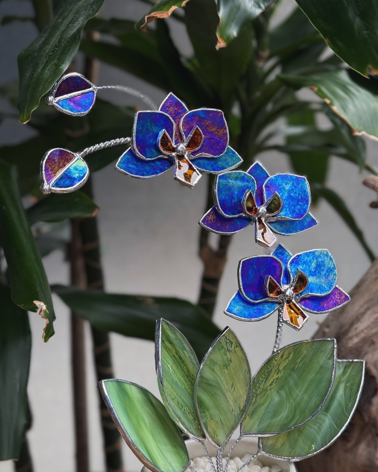 " . Indigo iridescent Orchid 3 flowers with pot 2025” Stained glass tropical flower 3D, Sun catcher, Table plant, Garden stick, Outdoor and gardening decor