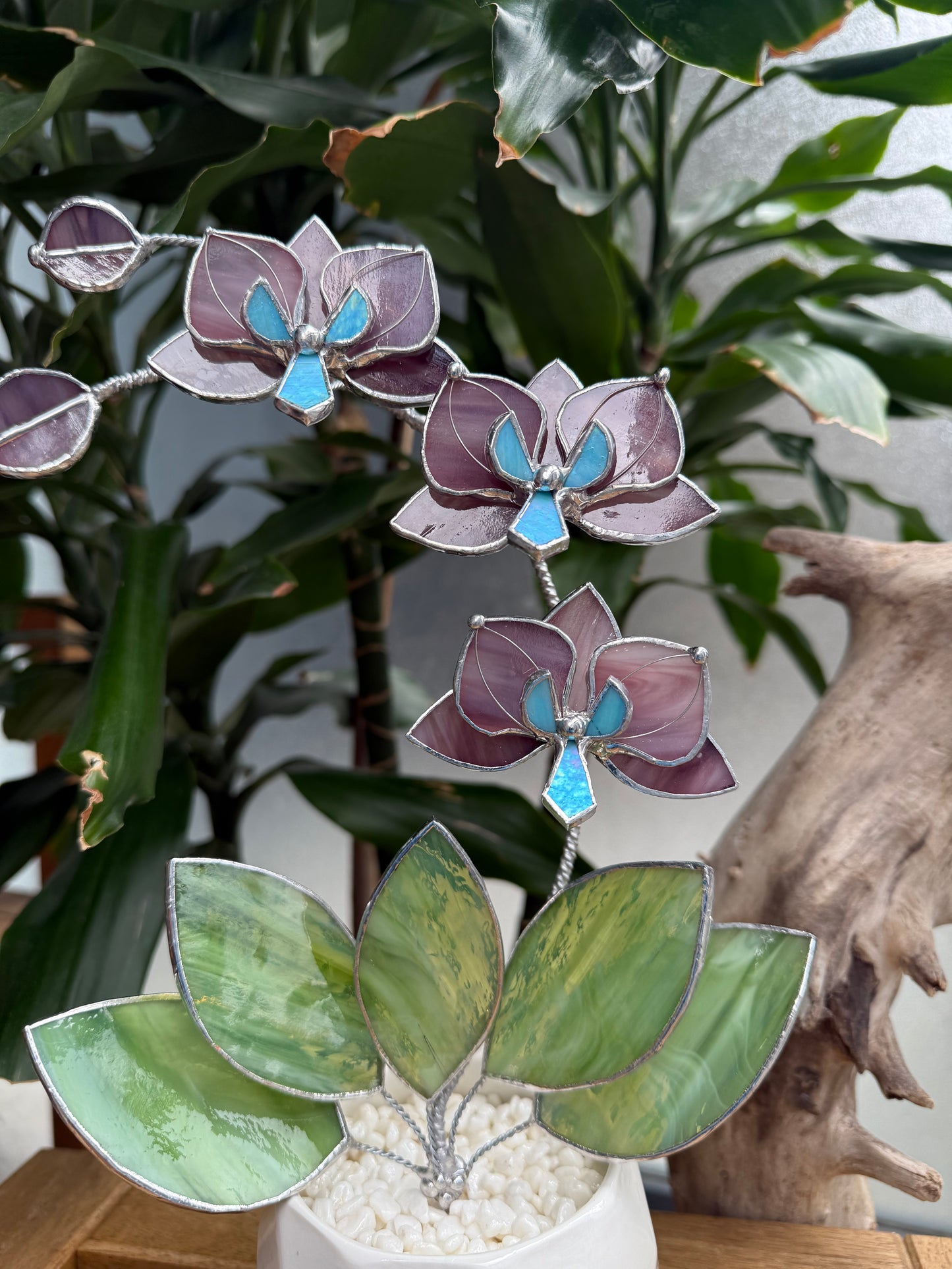 " . Dusty Rose translucent Orchid 3 flowers with pot 2025” Stained glass tropical flower 3D, Sun catcher, Table plant, Garden stick, Outdoor and gardening decor