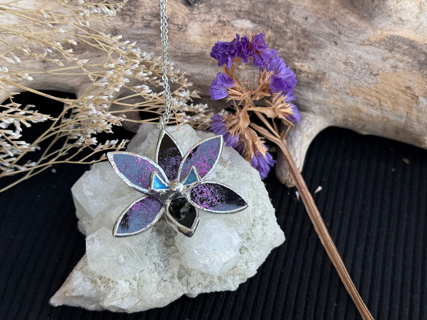 " . Preorder Necklace Tropical Orchid Black tiger” Stained glass tropical flower 3D, art jewelry