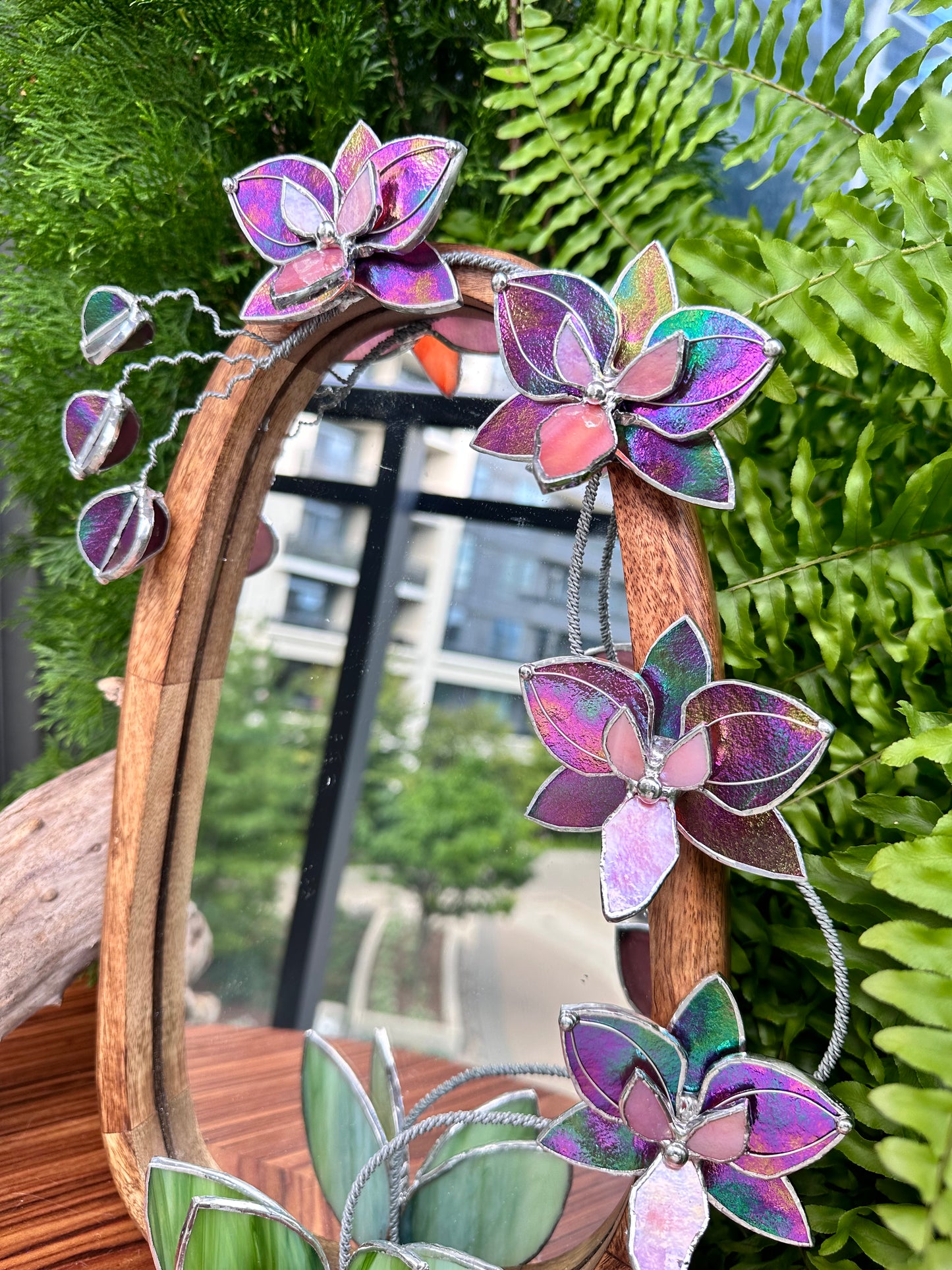 " .Butterfly Mauve iridescent Orchid Mirror”, Stained glass flower Wall decor, Suncatcher, Home wedding Decor, Christmas gift