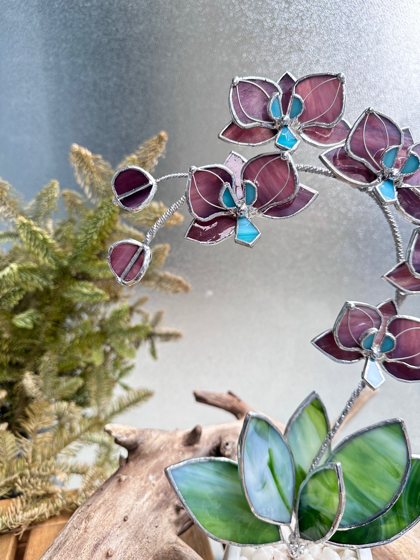 ". Stained glass Orchid Reach Elderberry with pot, 5 flowers, Suncatcher 3D, plant, Wedding Christmas Gift Outdoor and gardening decor