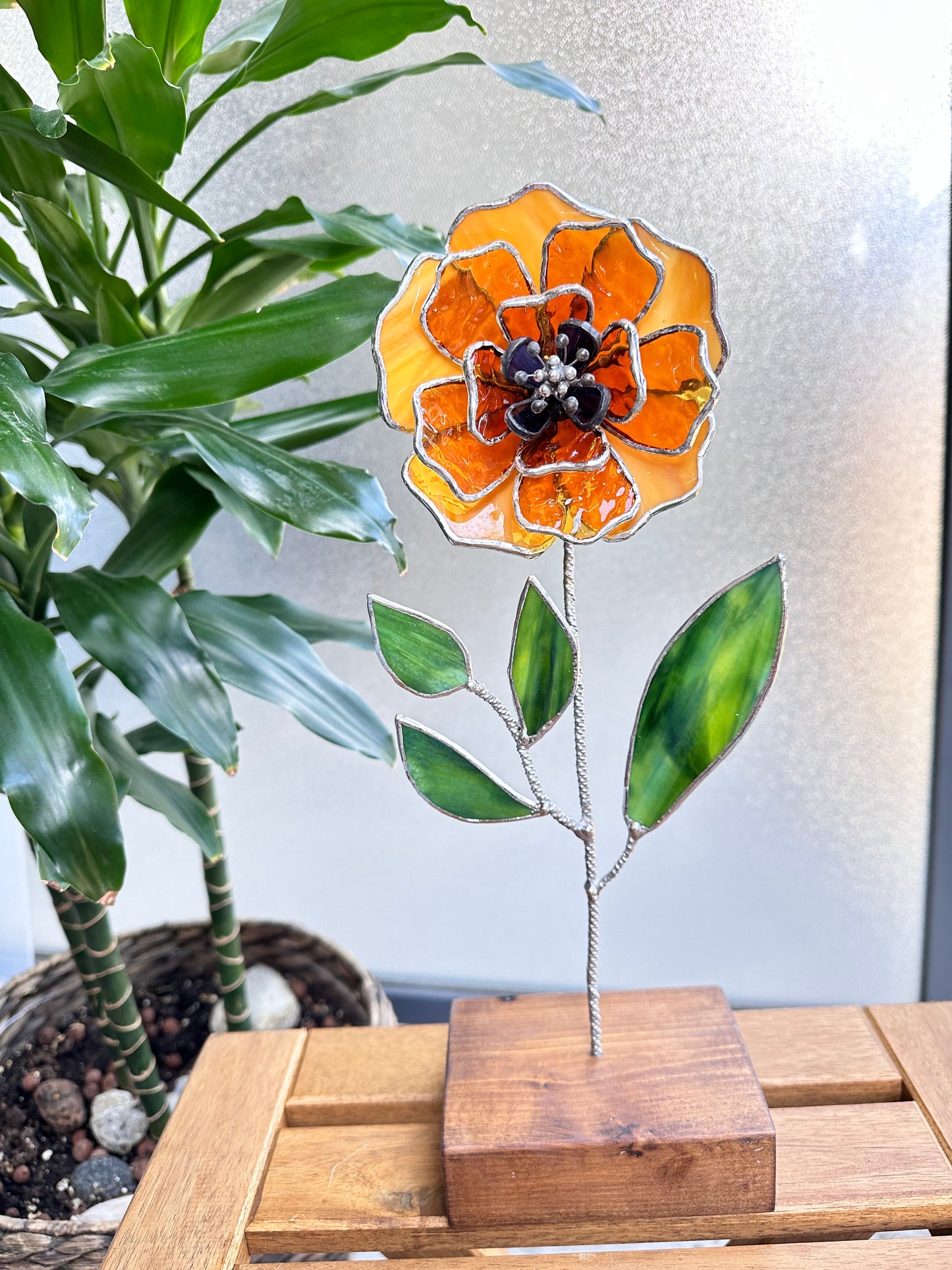 " . Amber Peony Stained glass flower, tropical 3D Sun catcher, Table plant decor, wedding gift
