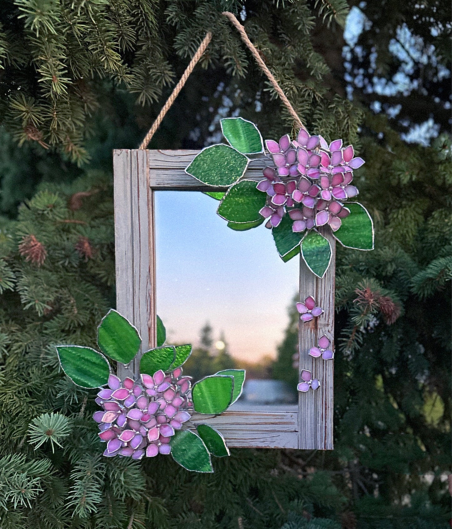 " . Pink Hydrangea Flower Mirror , Stained glass Wedding Wall Decor, Christmas gift, Suncatcher, available