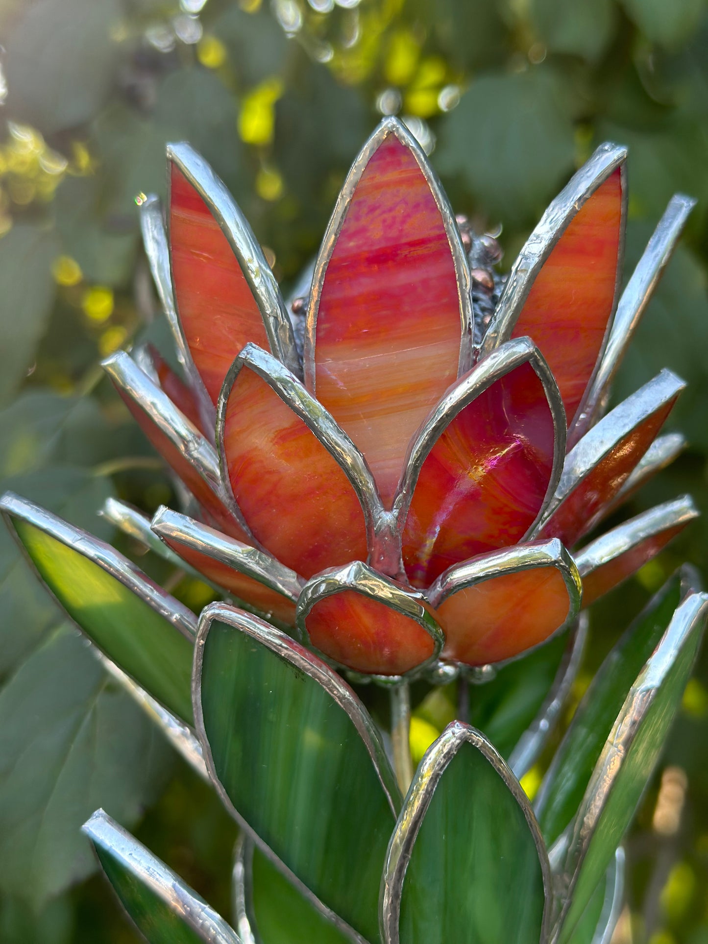 " . Amber&Red irid Protea Stained glass flower in the pot, tropical 3D Sun catcher, Table plant decor, wedding gift