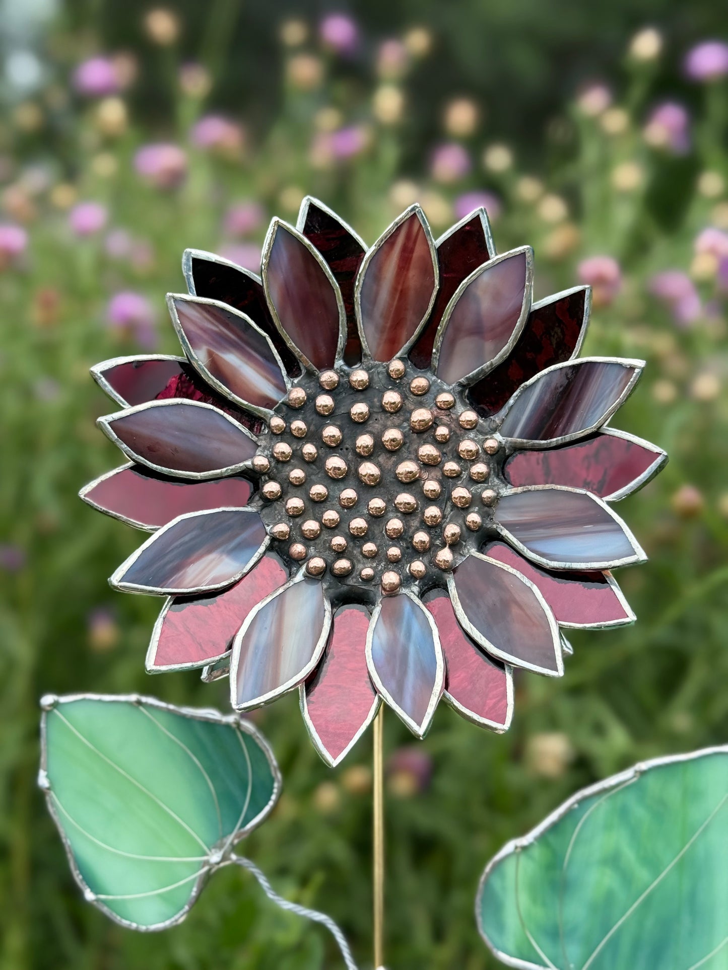 " . Sunflower Marble grey & purple silver oat", stained glass tropical flower 3D, Sun catcher, Table plant decor, Garden stake, Outdoor and gardening, wedding Christmas gift