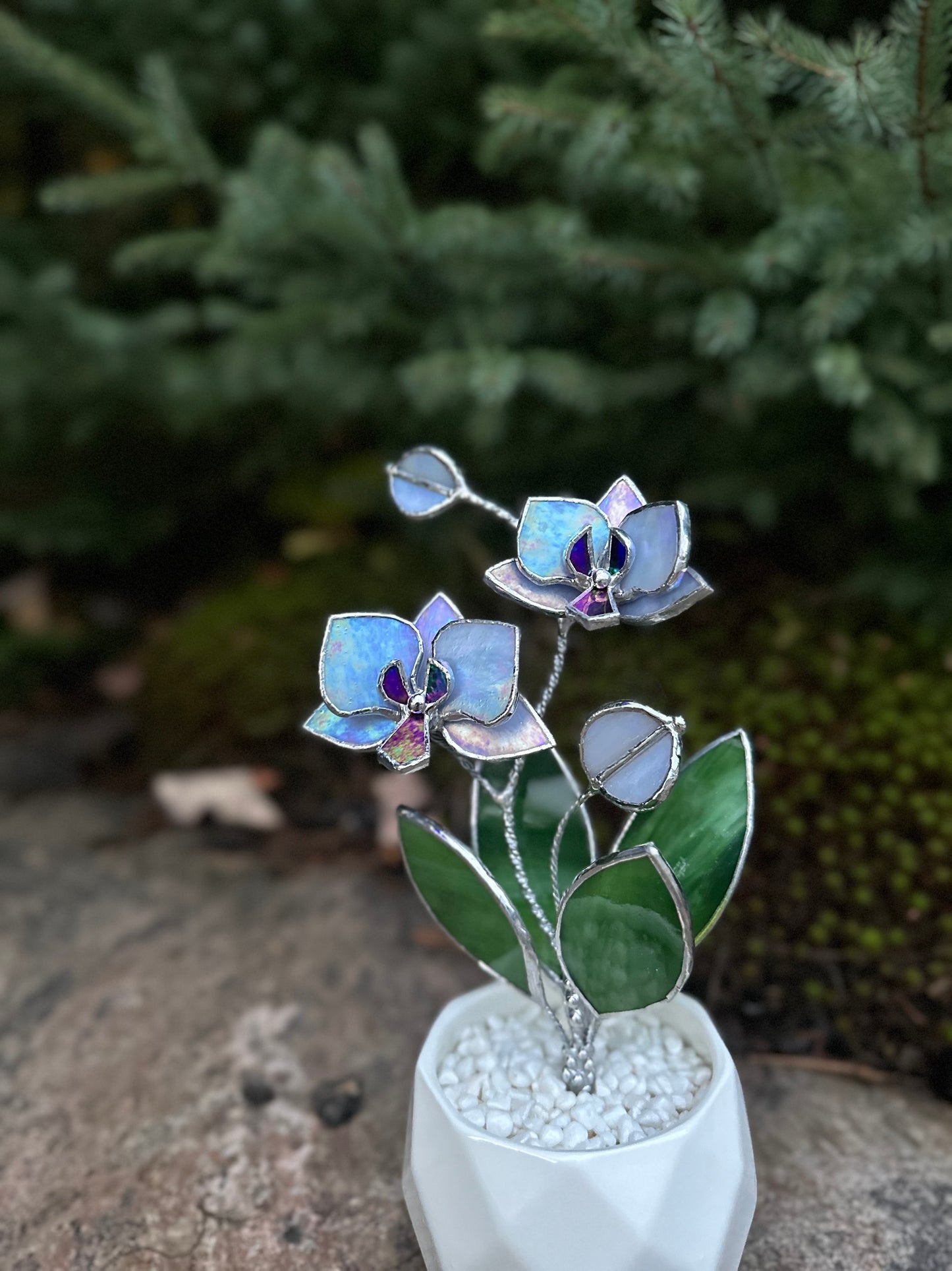 " . Lavender iridescent Orchid 2 flowers with pot” Stained glass tropical flower 3D, Sun catcher, Table plant decor, Garden stick, Outdoor and gardening decor