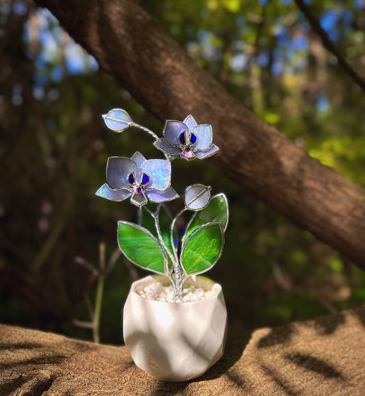 " . Lavender iridescent Orchid 2 flowers with pot” Stained glass tropical flower 3D, Sun catcher, Table plant decor, Garden stick, Outdoor and gardening decor