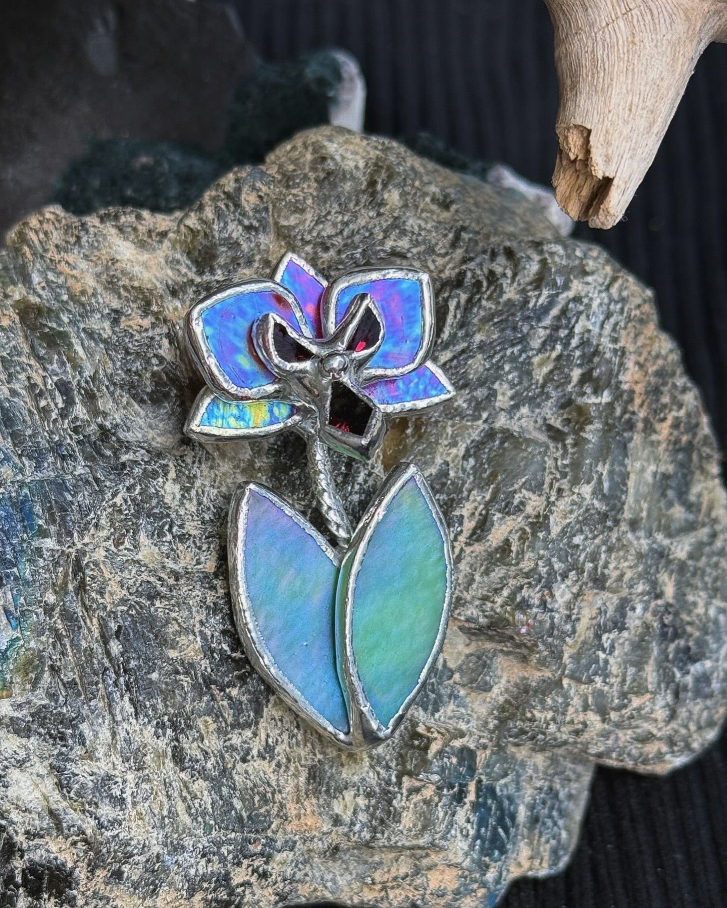 " . Brooch Orchid Berry Red iridescent” Stained glass tropical flower 3D