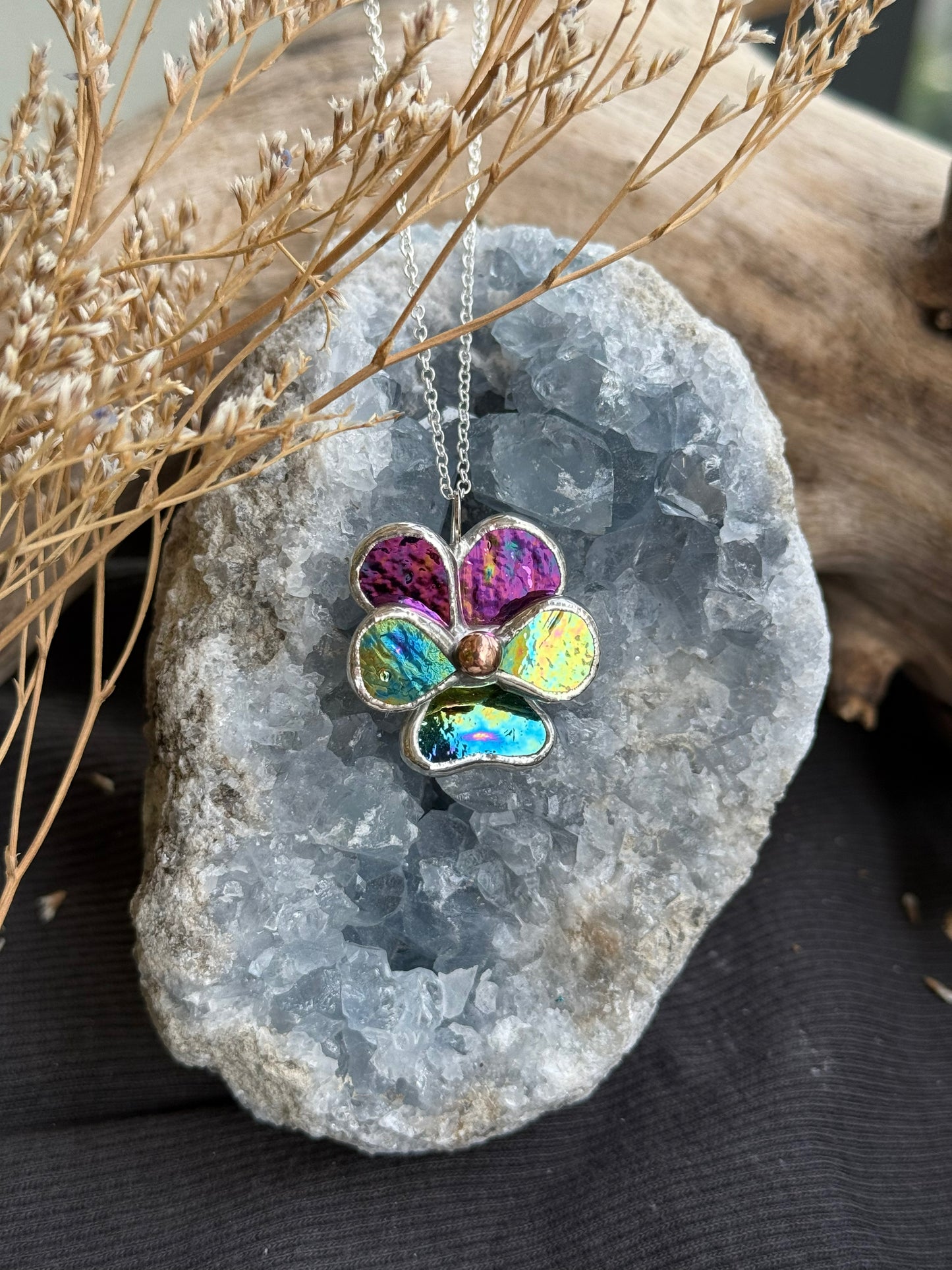 " . Pansy Purple lumi & Yellow-blue lumi Necklace ” Stained glass tropical flower 3D, art jewelry