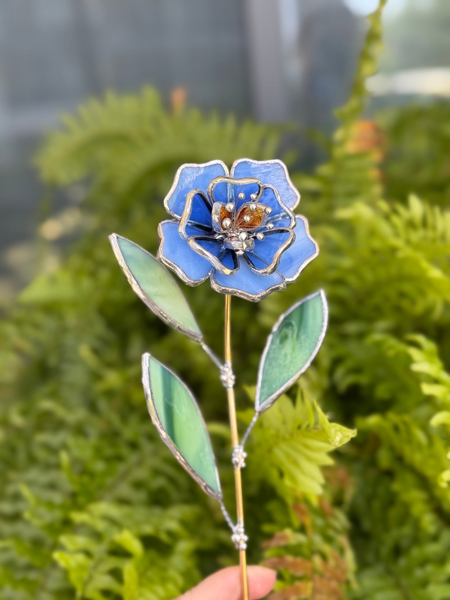 " . Blue Peony flower stick, Plant stake no pot” Stained glass tropical flower 3D, Sun catcher, Table plant, Garden stick, Outdoor and gardening decor