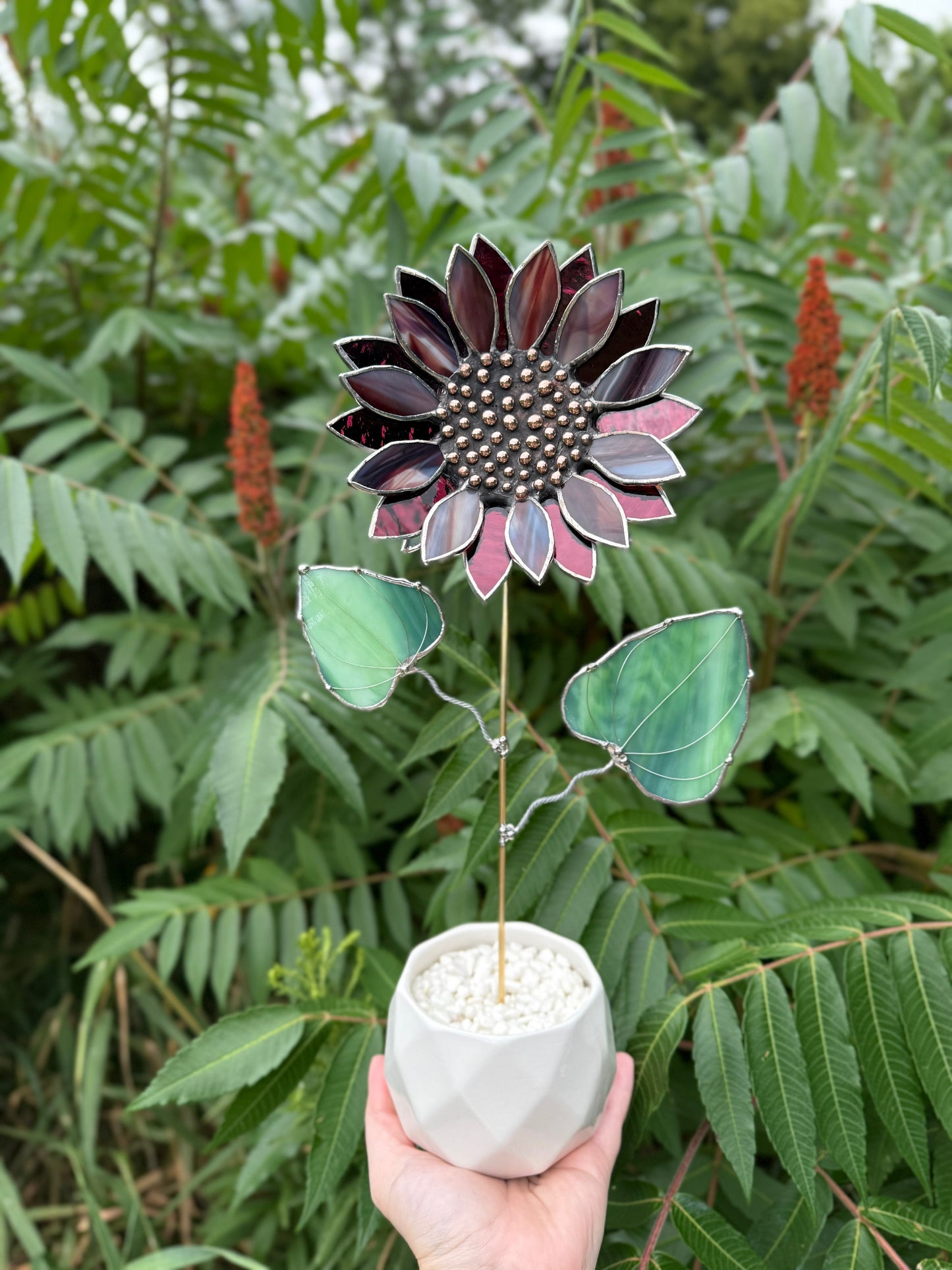 " . Sunflower Marble grey & purple silver oat", stained glass tropical flower 3D, Sun catcher, Table plant decor, Garden stake, Outdoor and gardening, wedding Christmas gift