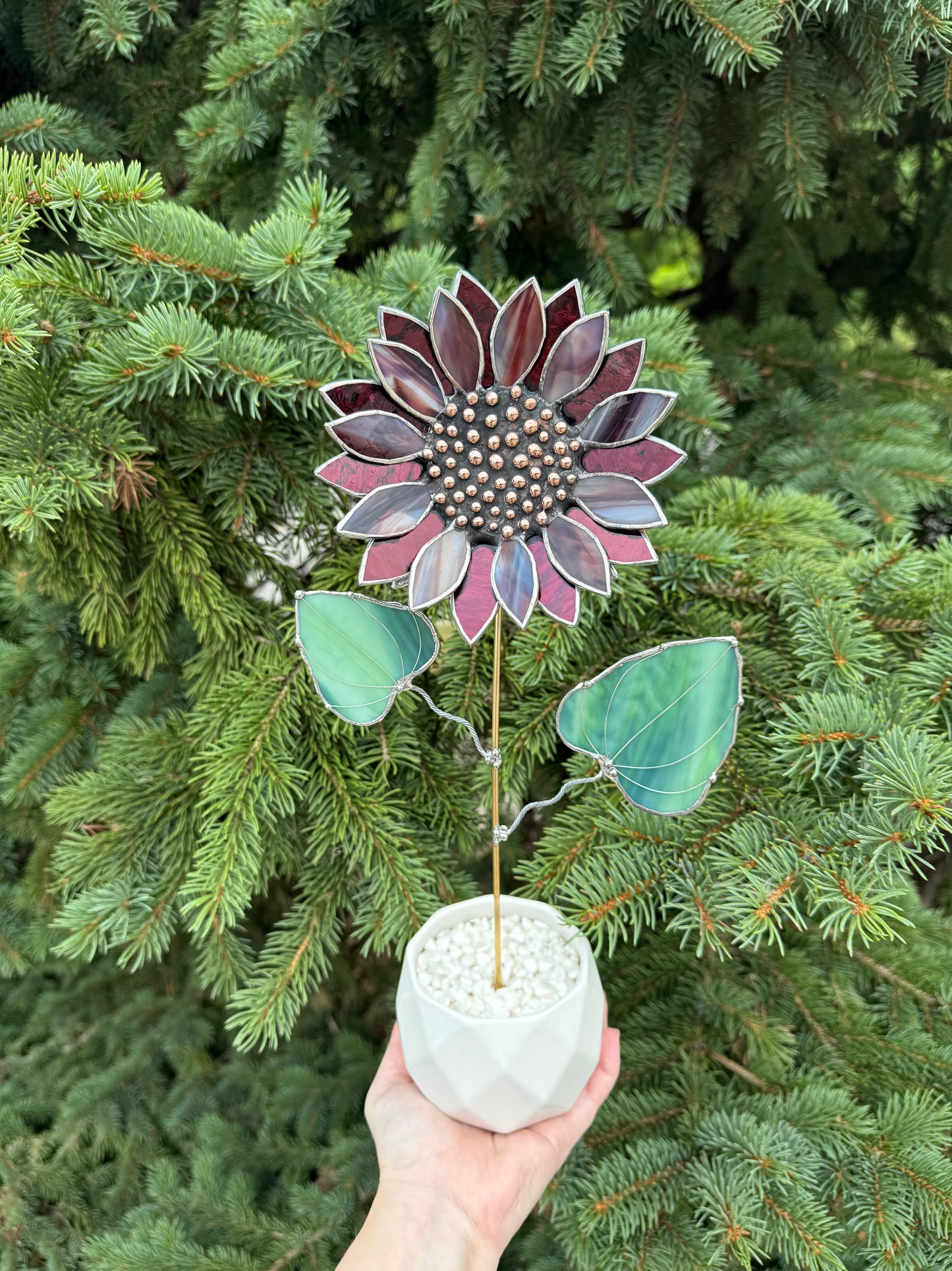 " . Sunflower Marble grey & purple silver oat", stained glass tropical flower 3D, Sun catcher, Table plant decor, Garden stake, Outdoor and gardening, wedding Christmas gift