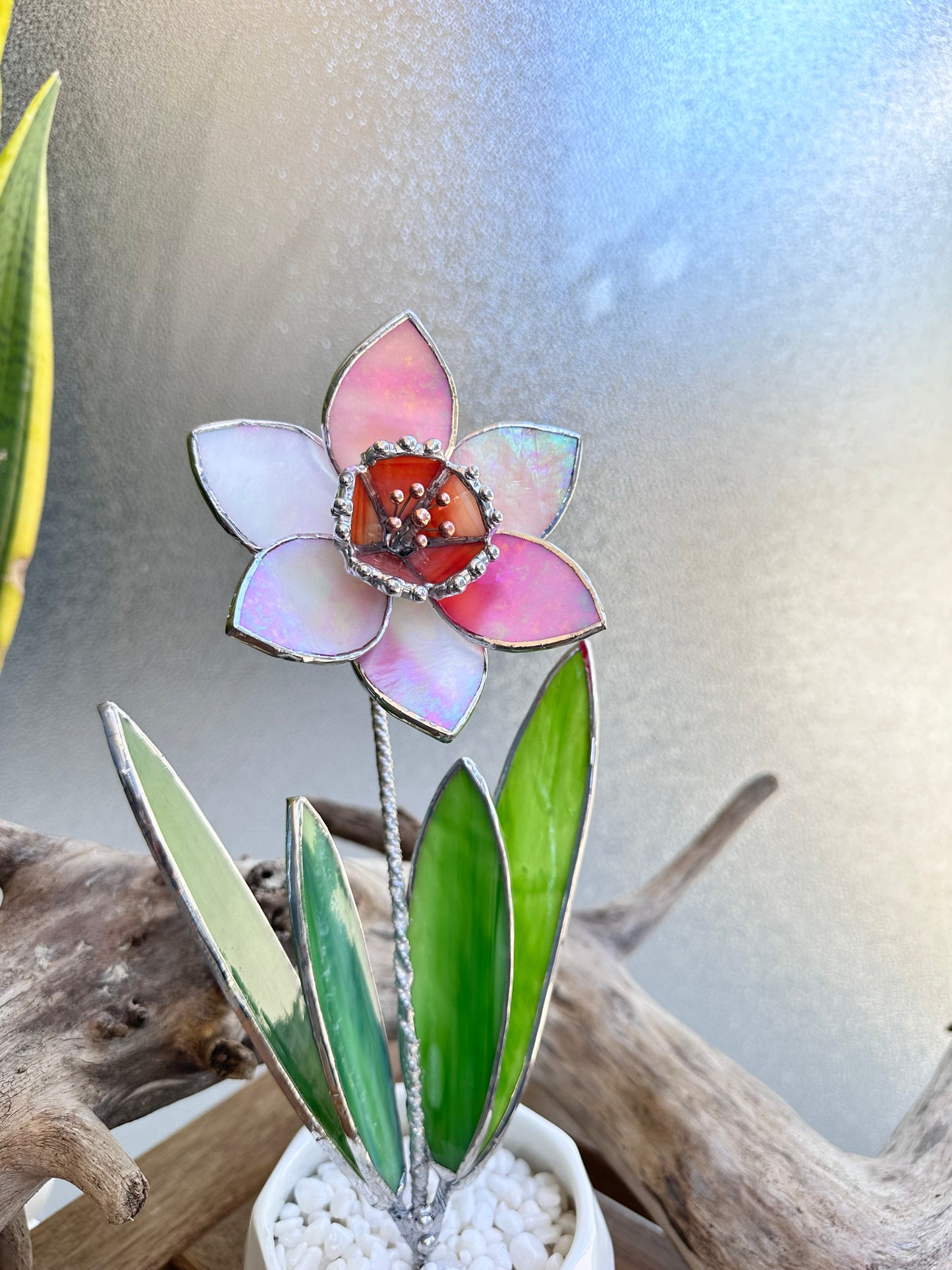 " . Daffodil Flower with pot" Stained glass tropical flower 3D, Sun catcher, Table plant decor, Garden stick, wedding decor, Christmas gift