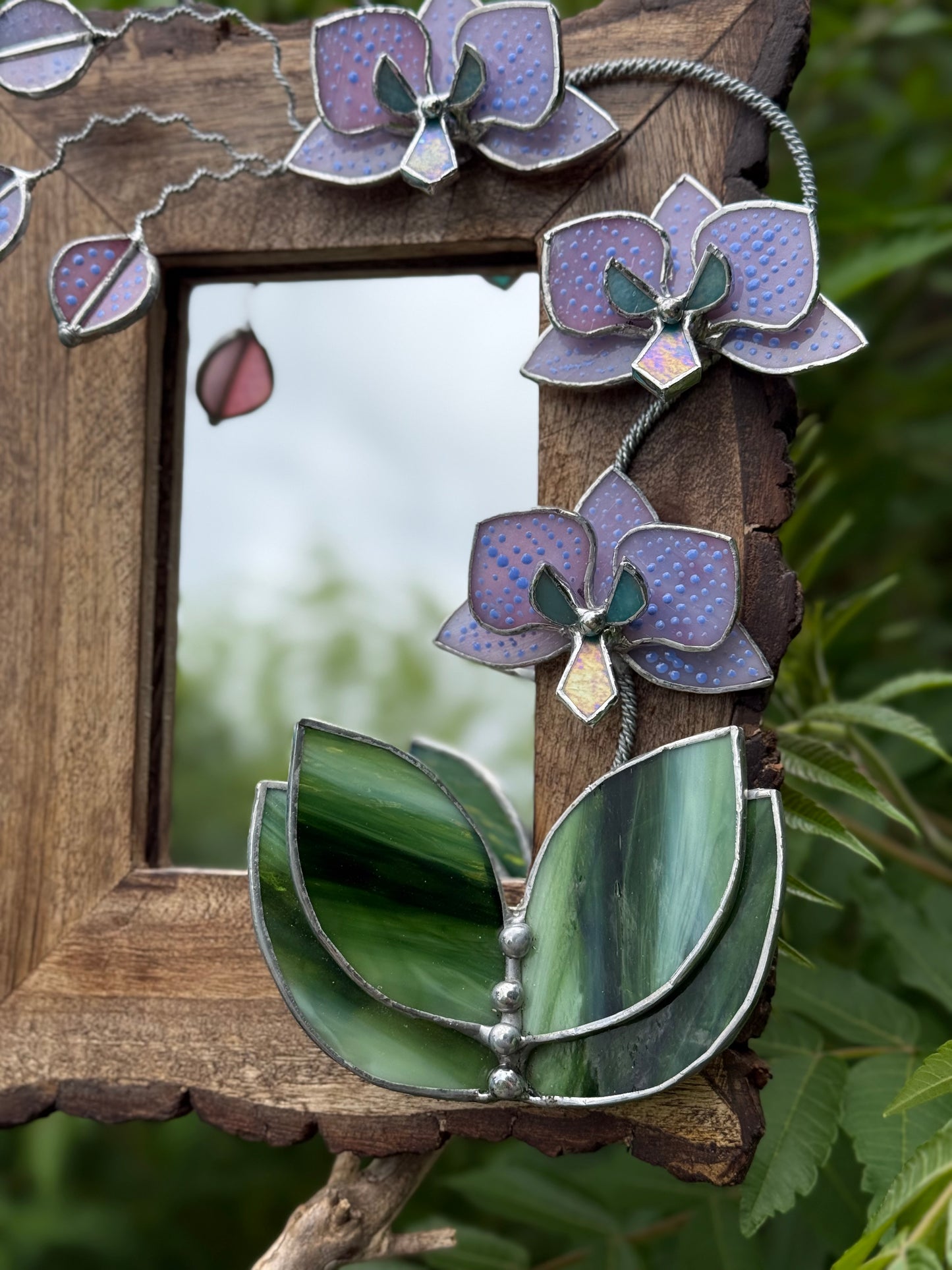 " . Dusty Pink with pattern Orchid Mirror”, Stained glass flower Wall window table decor, Suncatcher, Home wedding Decor, Christmas gift, available sale