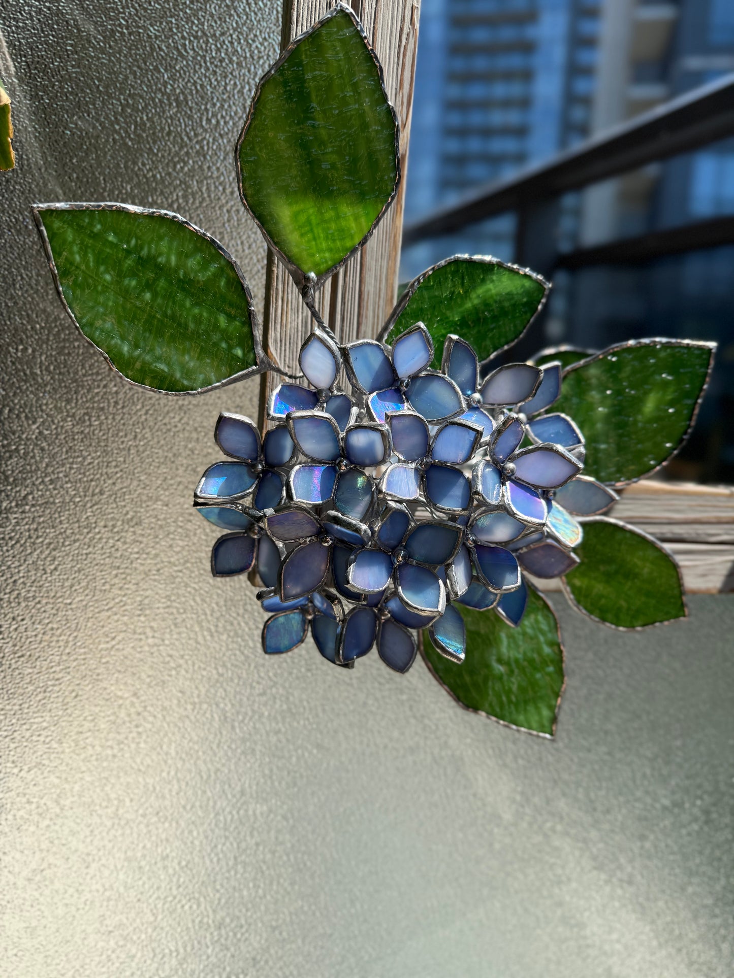 " . Amethyst Blue lavender iridescent Hydrangea Flower Mirror, Stained glass Wedding Wall Decor, Christmas gift, Suncatcher