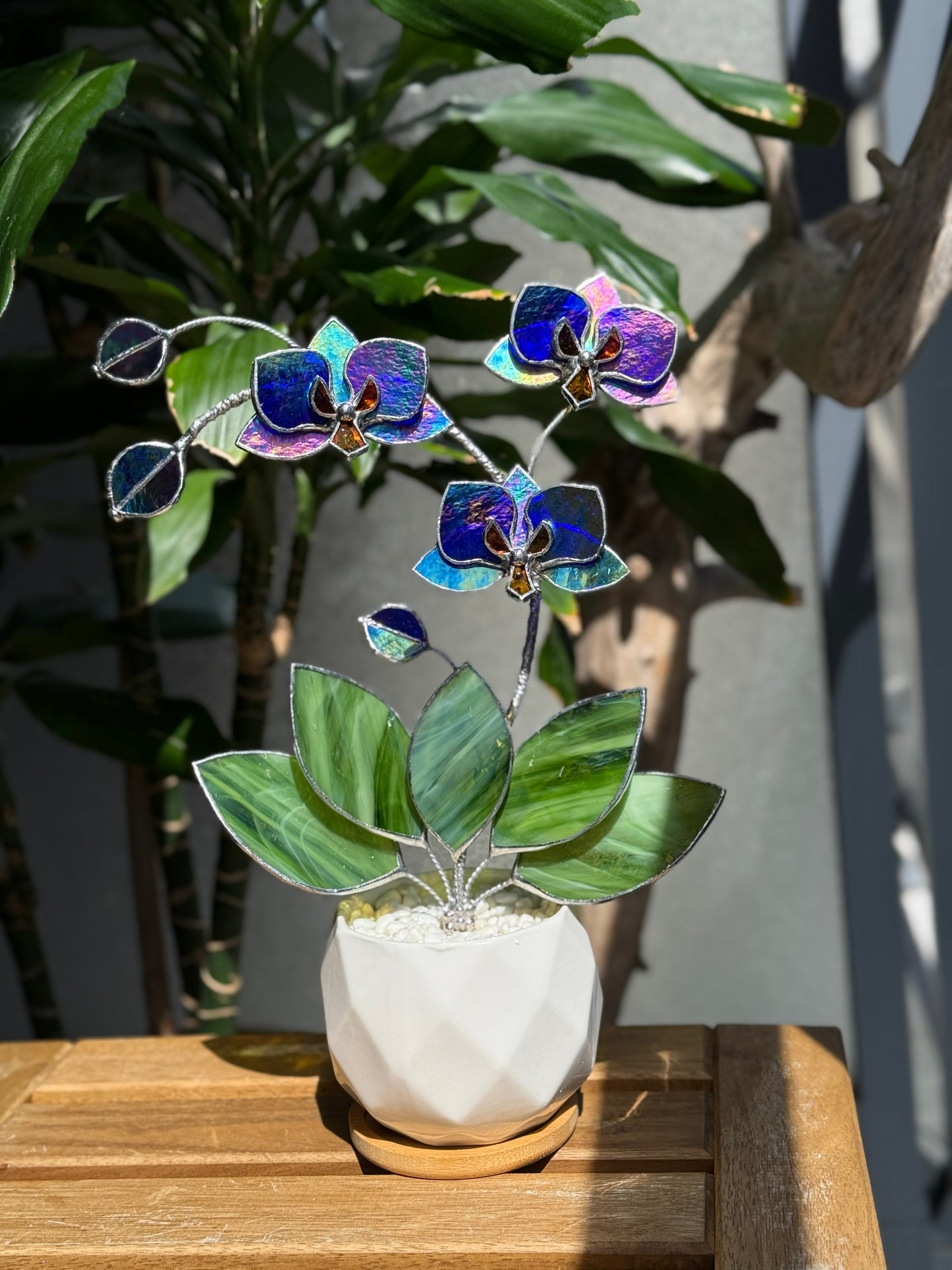 " . Indigo iridescent Orchid 3 flowers with pot” Stained glass tropical flower 3D, Sun catcher, Table plant, Garden stick, Outdoor and gardening decor