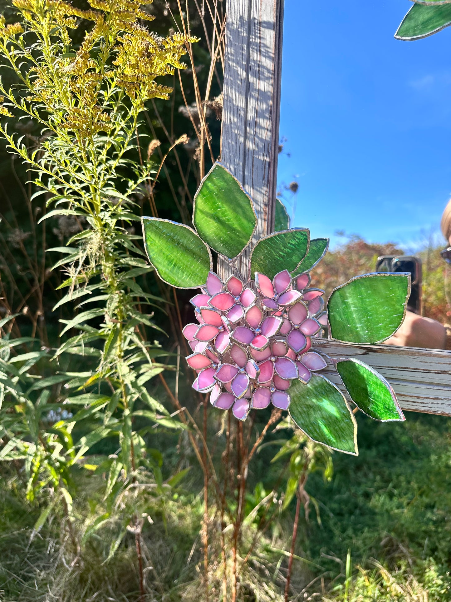 " . Pink Hydrangea Flower Mirror , Stained glass Wedding Wall Decor, Christmas gift, Suncatcher, available
