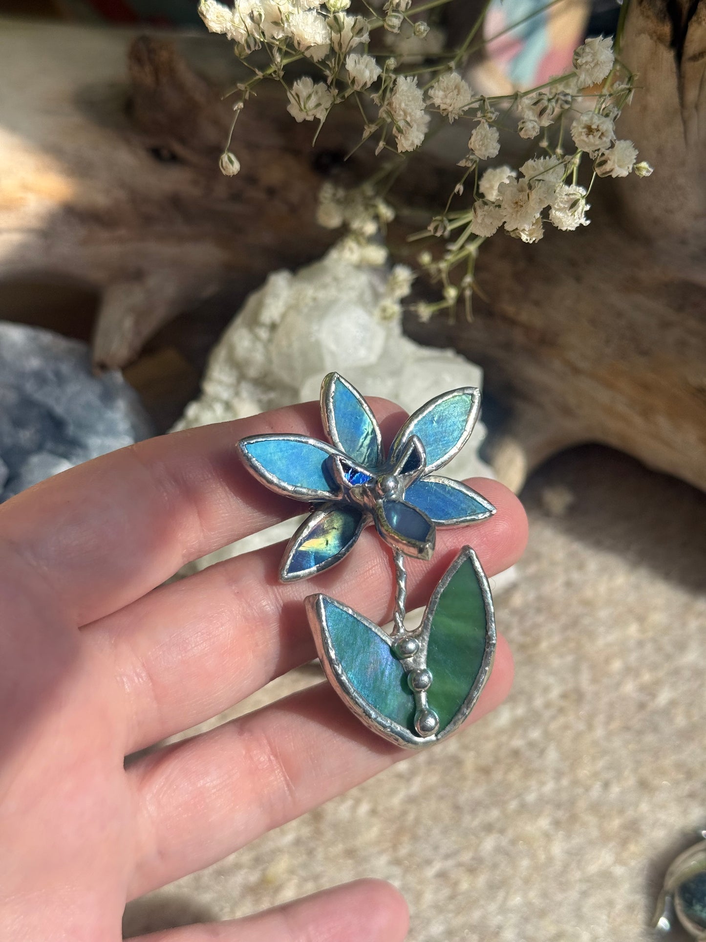 Orchid Blue lumi Brooch Stained Glass Floral Pin, Modern Art Jewelry statement ready new