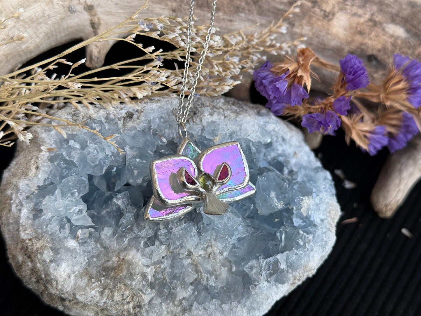 " . Necklace Orchid White Pearl with Chrysoberyl Cat’s Eye” Stained glass tropical flower 3D, art jewelry