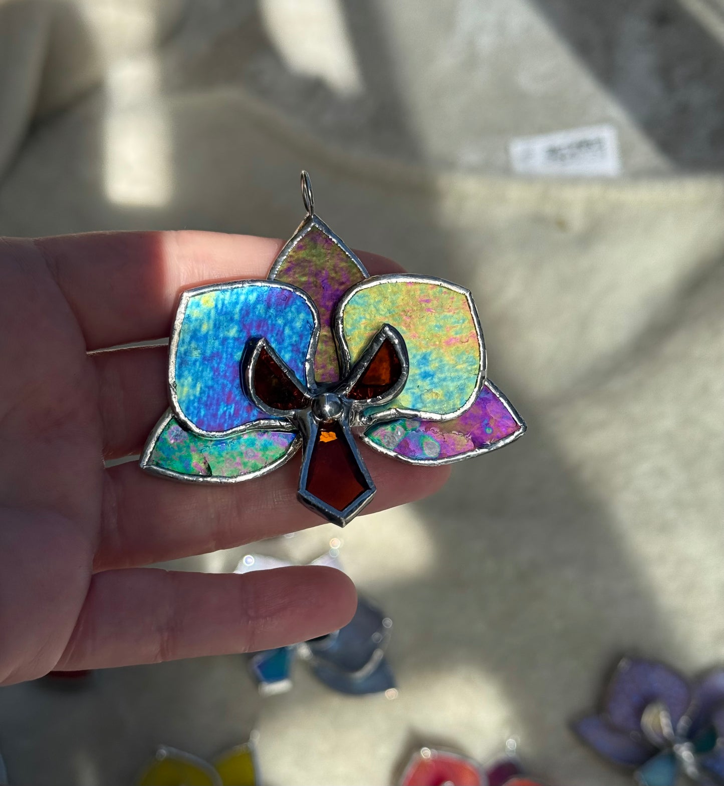 " . Orchid flower Indigo irid, Stained glass Decorative ORNAMENT, Christmas decoration, Suncatcher