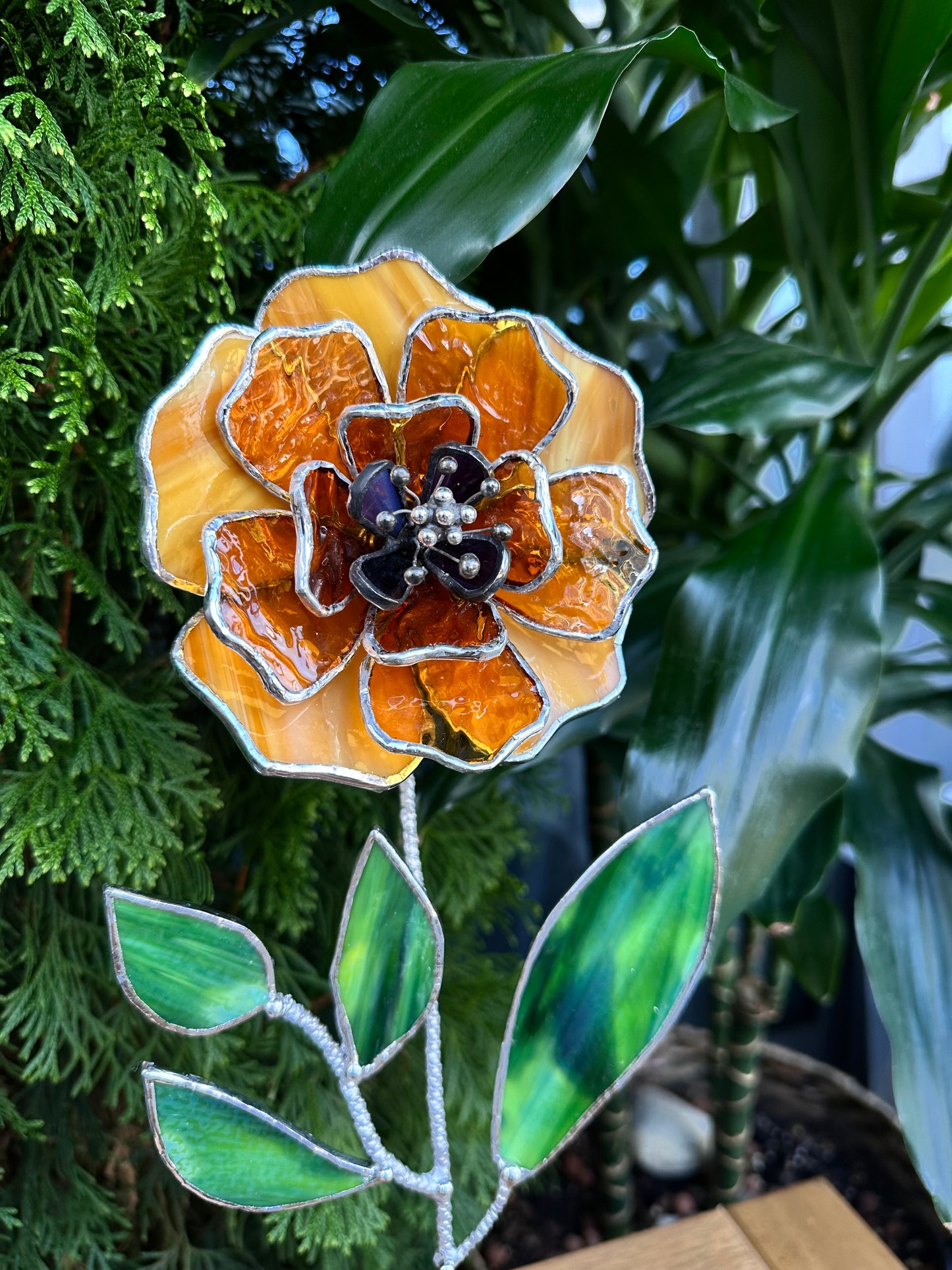 " . Amber Peony Stained glass flower, tropical 3D Sun catcher, Table plant decor, wedding gift