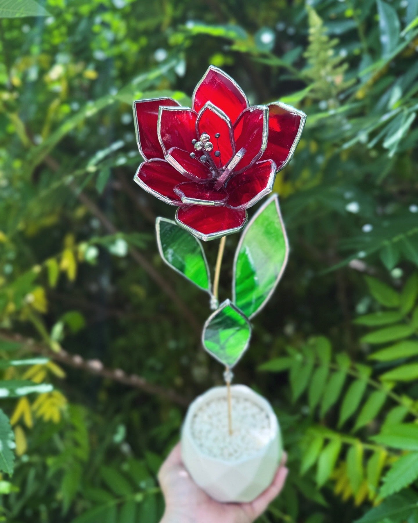 " . Ruby Red Tulip" Stained glass tropical flower Suncatcher 3D, Table plant cactus Home wedding decor, Christmas gift