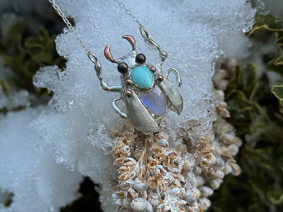 " . Bug Necklace or Brooch with semi-precious stones and fused glass, art jewelry pendant 3D wedding jewelry Mother’s Day gift