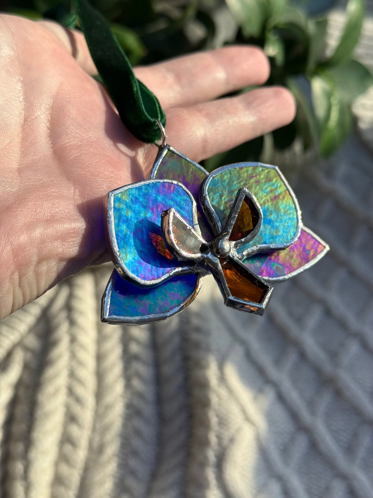 " . Orchid flower Indigo irid, Stained glass Decorative ORNAMENT, Christmas decoration, Suncatcher