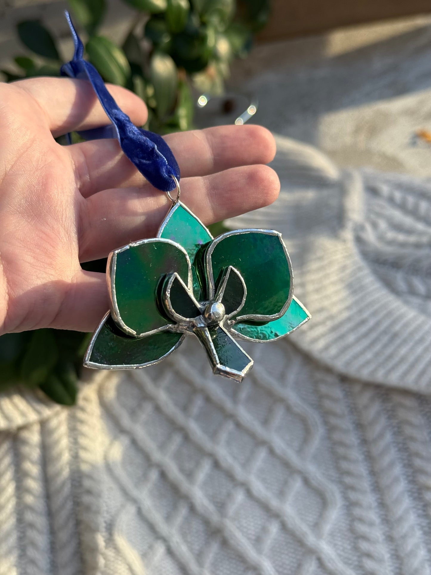 " . Orchid flower Green luminescent, Stained glass Decorative ORNAMENT, Christmas decoration, Suncatcher