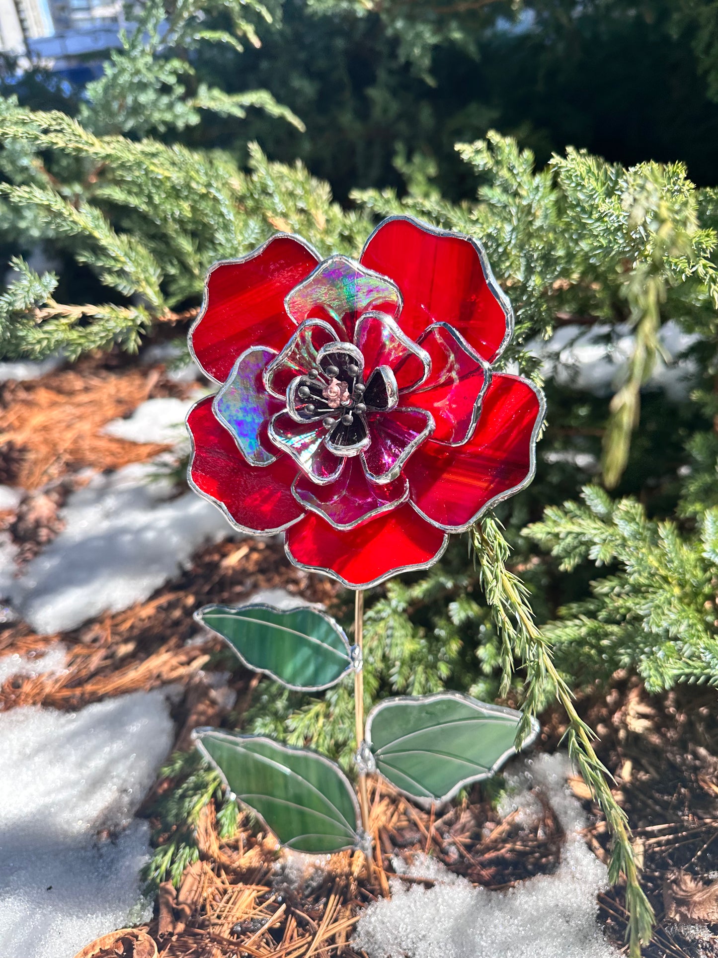" . Beautiful Red Peony Iridescent", Stained glass tropical flower 3D, Sun catcher, Table plant decor, Garden stake, wedding decor, Christmas gift poppy