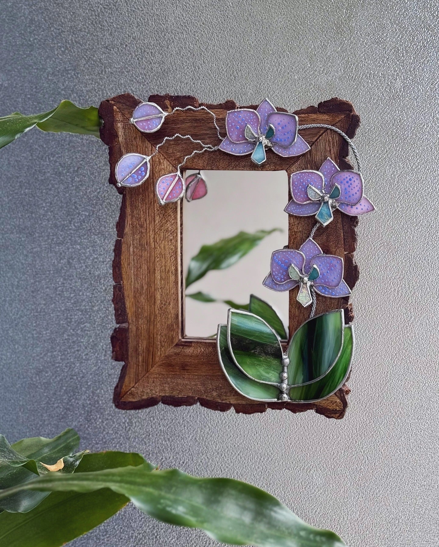 " . Dusty Pink with pattern Orchid Mirror”, Stained glass flower Wall window table decor, Suncatcher, Home wedding Decor, Christmas gift, available new