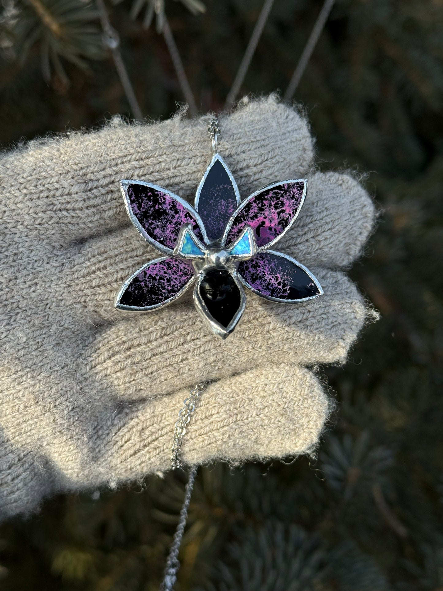 " . Preorder Necklace Tropical Orchid Black tiger” Stained glass tropical flower 3D, art jewelry