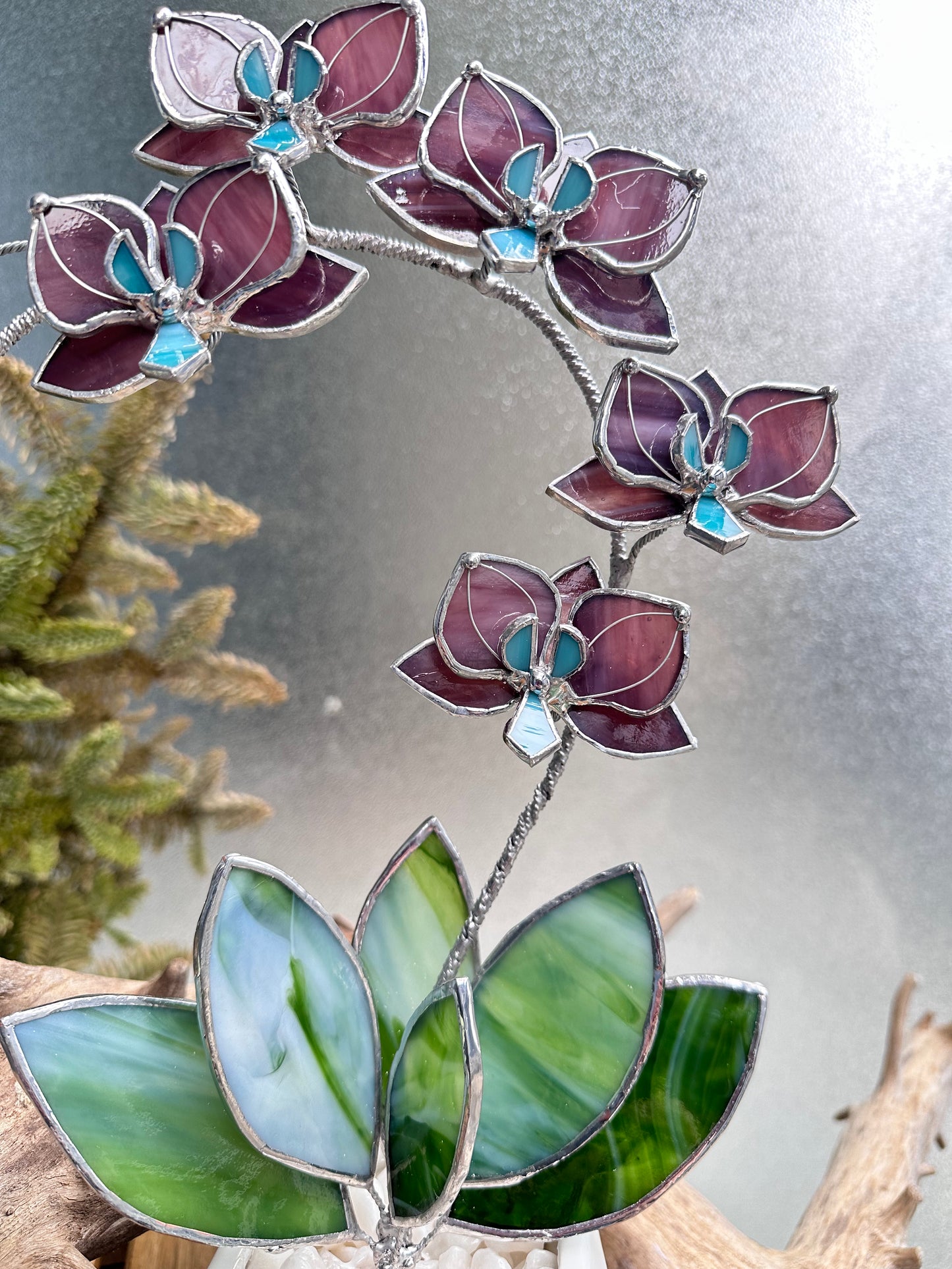 ". Stained glass Orchid Reach Elderberry with pot, 5 flowers, Suncatcher 3D, plant, Wedding Christmas Gift Outdoor and gardening decor