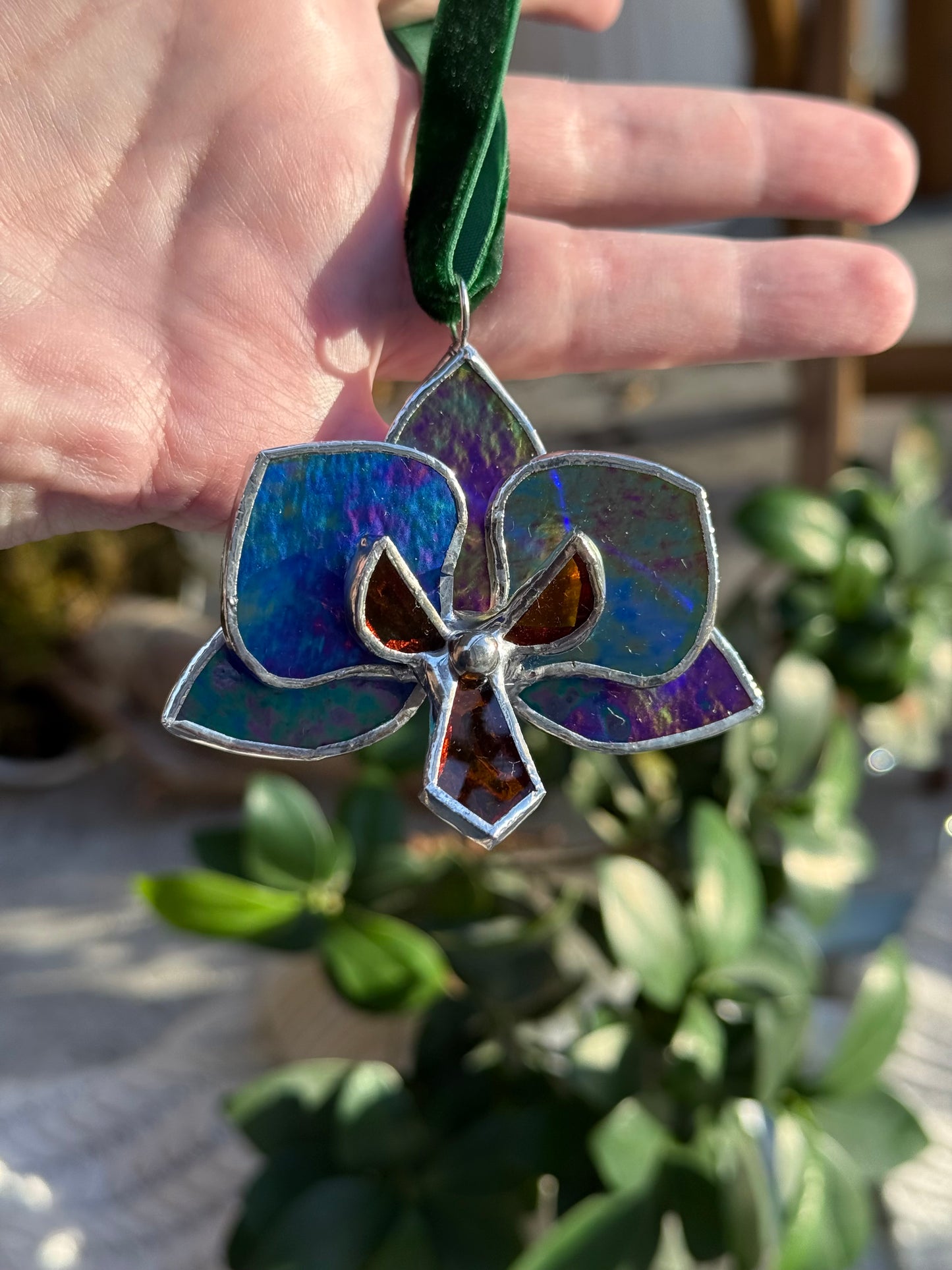 " . Orchid flower Indigo irid, Stained glass Decorative ORNAMENT, Christmas decoration, Suncatcher