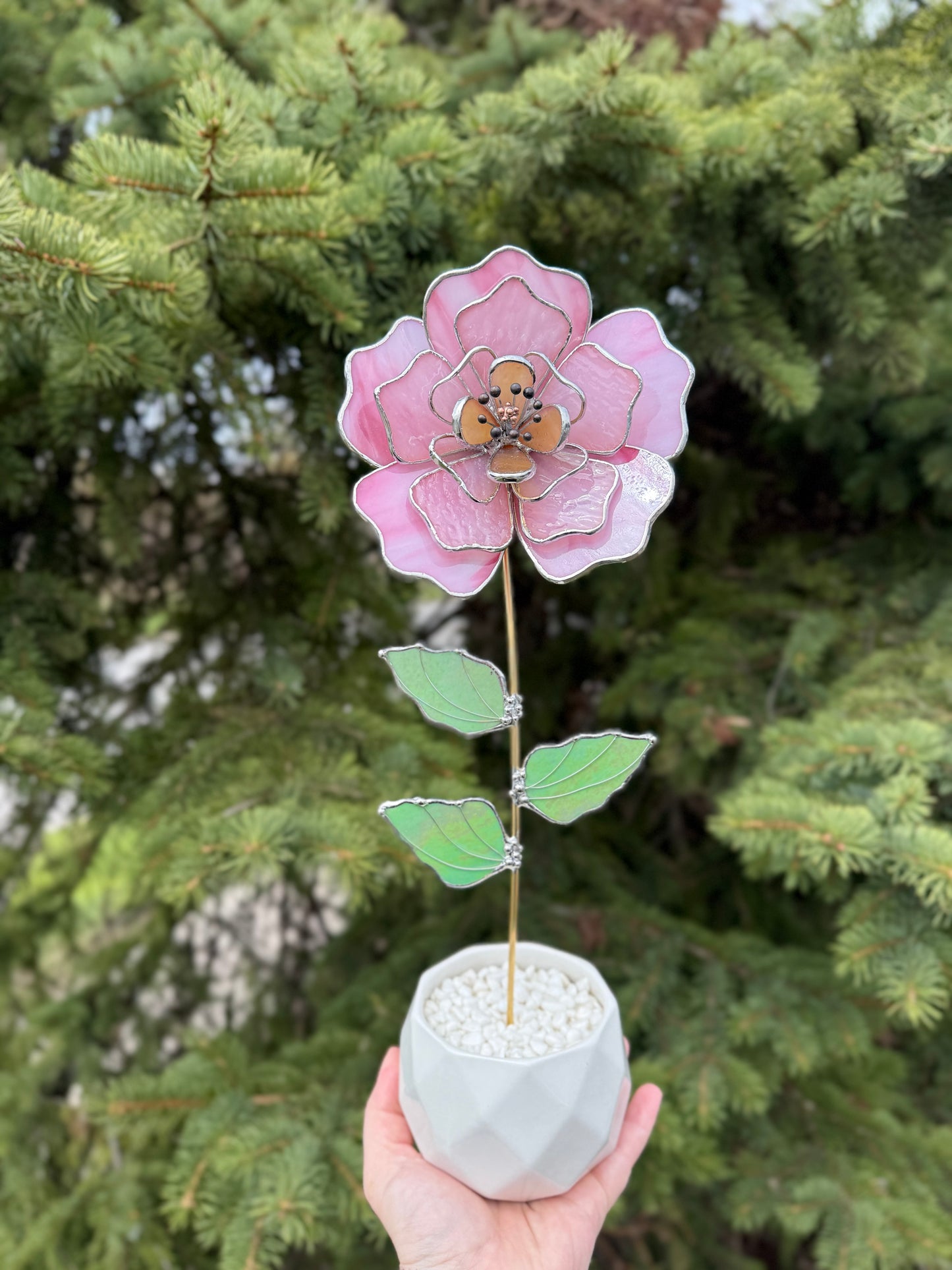 Candy Pink Peony Stained glass flower 3D Botanical Table Plant Decor
