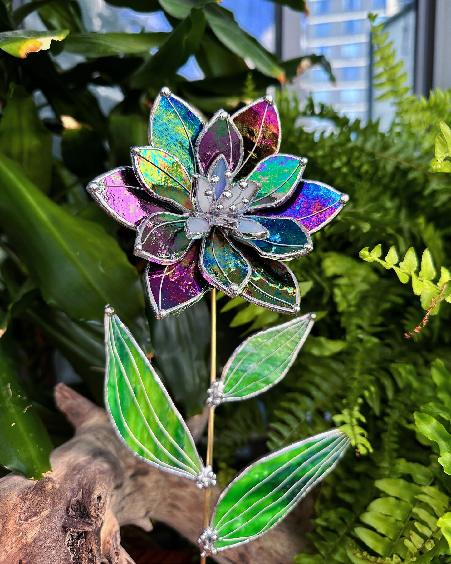 " . Lily Multicolour Iridescent", Stained glass tropical flower 3D, Sun catcher, Table plant decor, Garden stake, wedding decor, Christmas gift