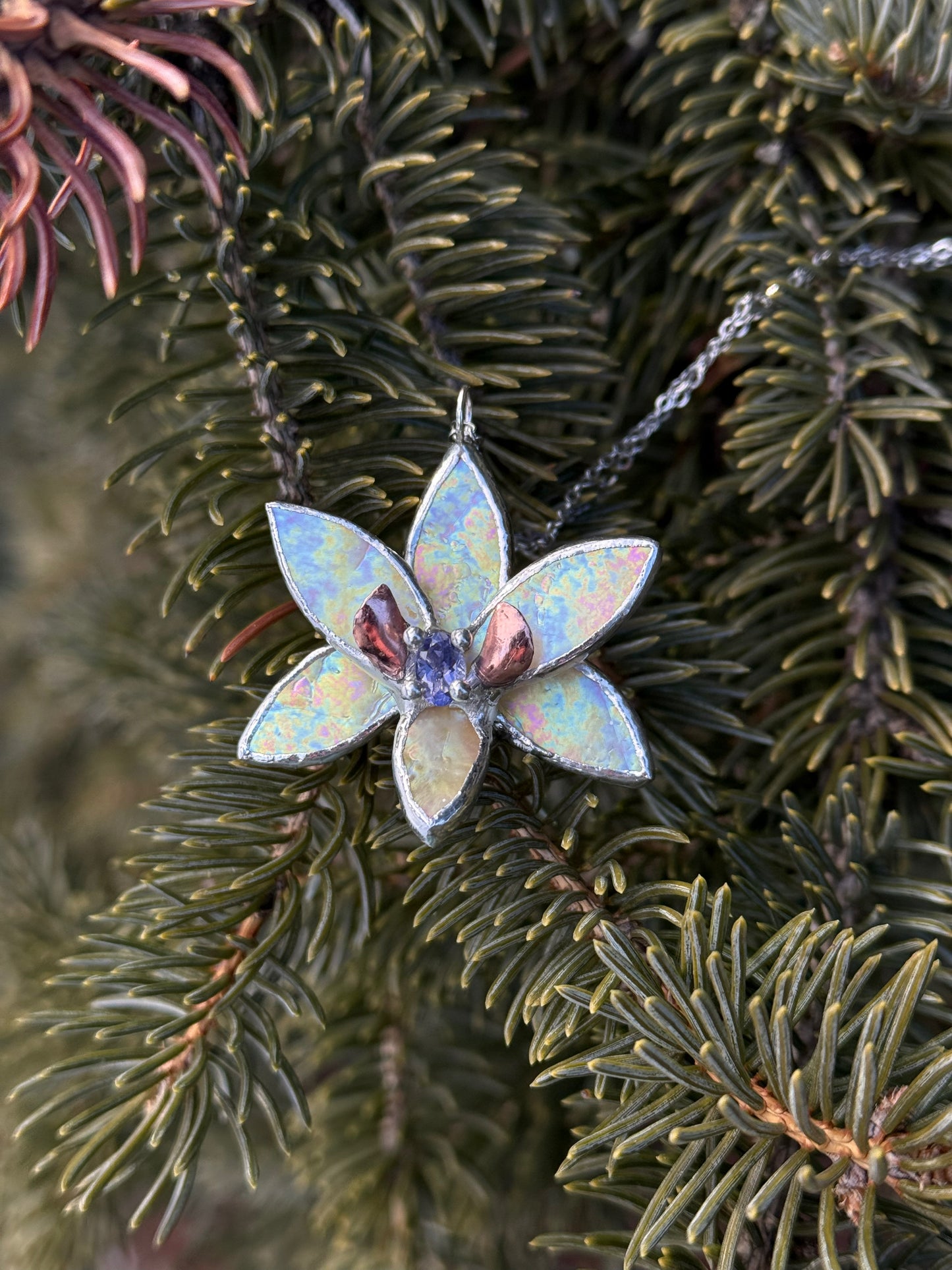 " . Necklace Tropical Orchid Yellow iridescent with Blue Iolite ” Stained glass tropical flower 3D, art jewelry