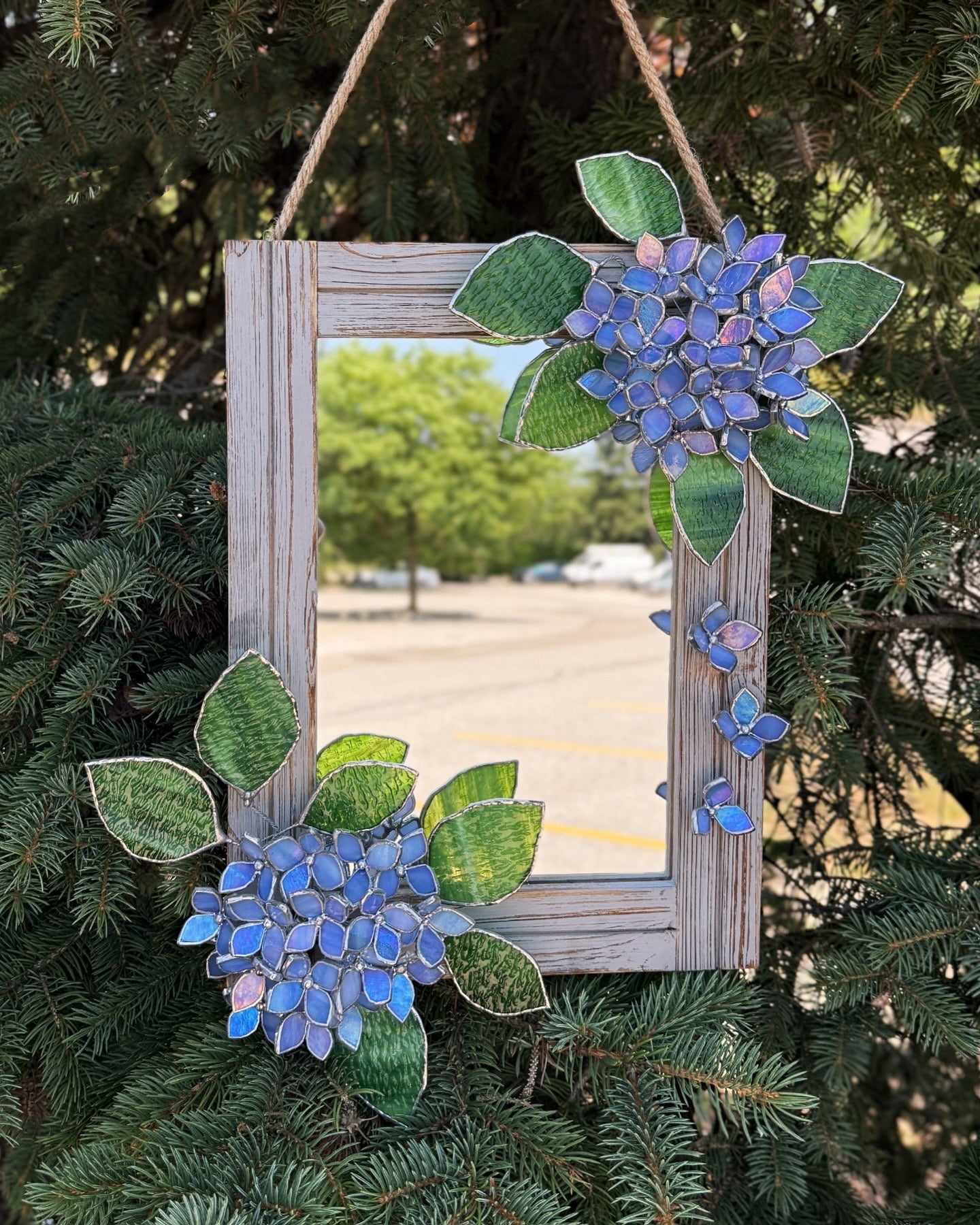 " . Amethyst Blue lavender iridescent Hydrangea Flower Mirror, Stained glass Wedding Wall Decor, Christmas gift, Suncatcher