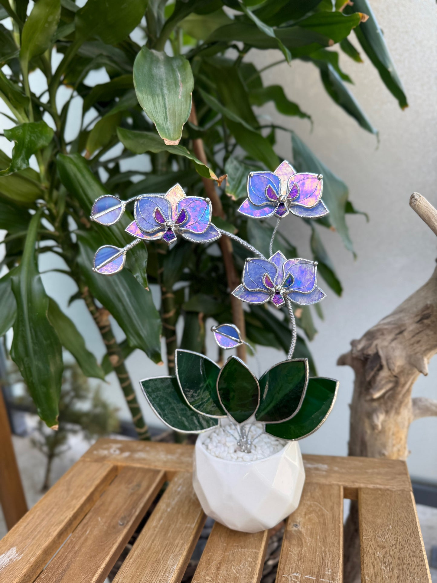 " . Blue lavender iridescent Orchid 3 flowers with pot” Stained glass tropical flower 3D, Sun catcher, Table plant, Garden stick, Outdoor and gardening decor available new