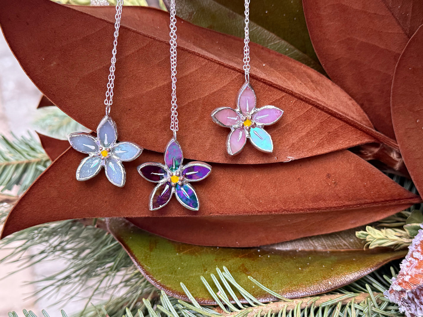 CHOOSE COLOR Necklace Stained glass Forget Me Not flower, Modern jewelry