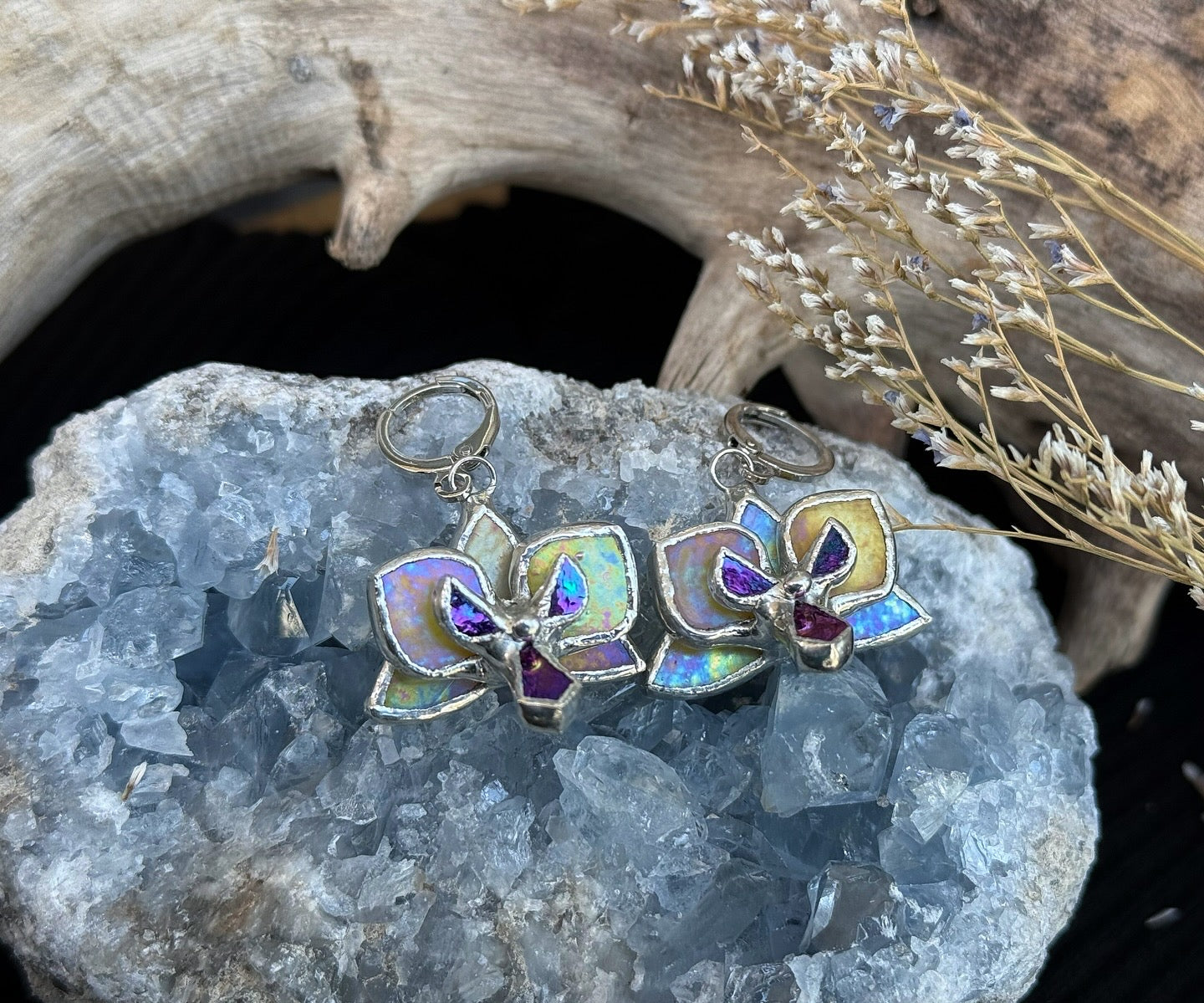 " . Earrings Orchid Yellow iridescent ” Stained glass tropical flower 3D, art jewelry necklace ring